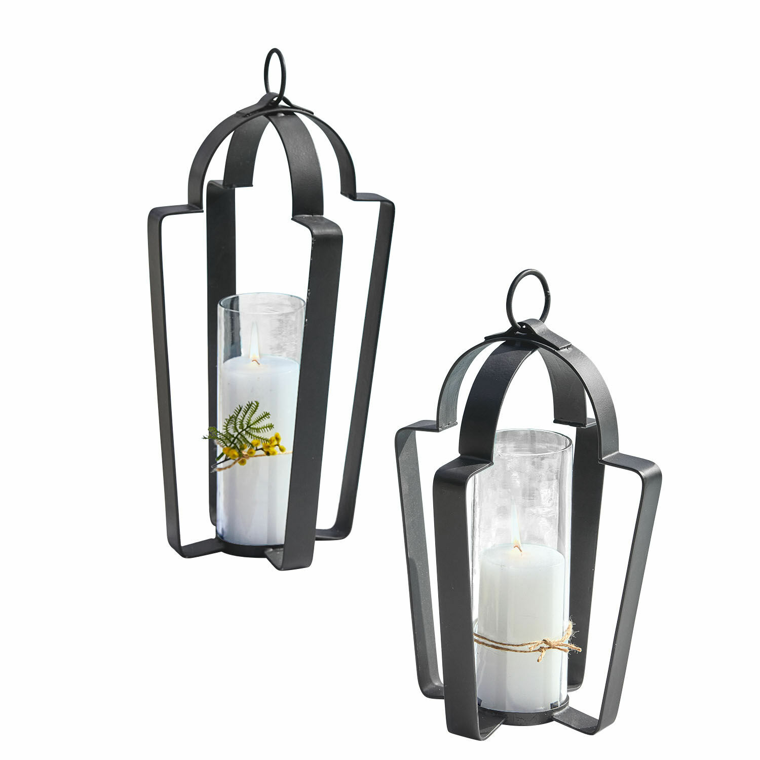 Lantaarn set van 2 Cime Set van twee zwarte metalen lantaarns met witte kaarsen en glazen bescherming, interieurdecoratie