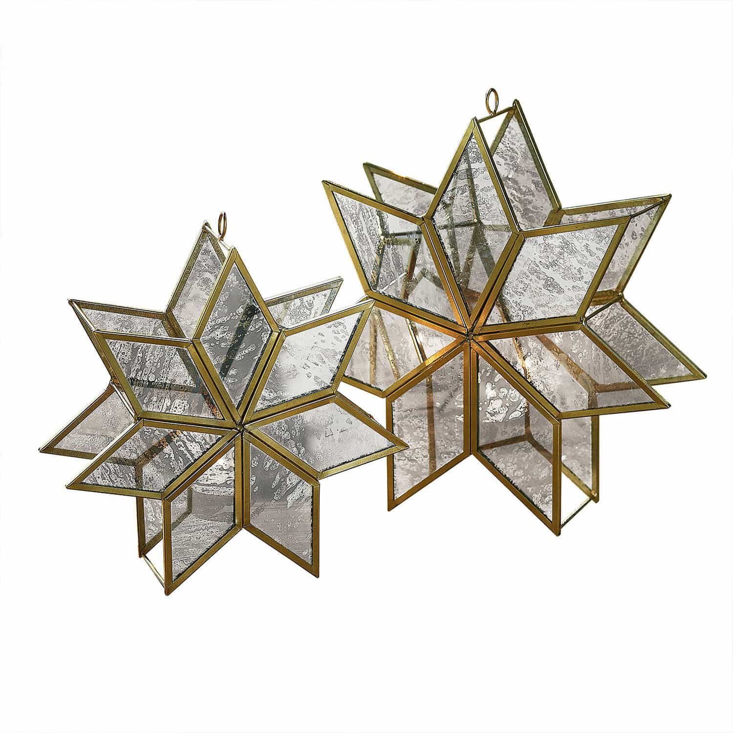 Kaarsenhouder set van 2 Zaydan Decoratieve sterren van messing en verouderd glas, hangende kerstversiering