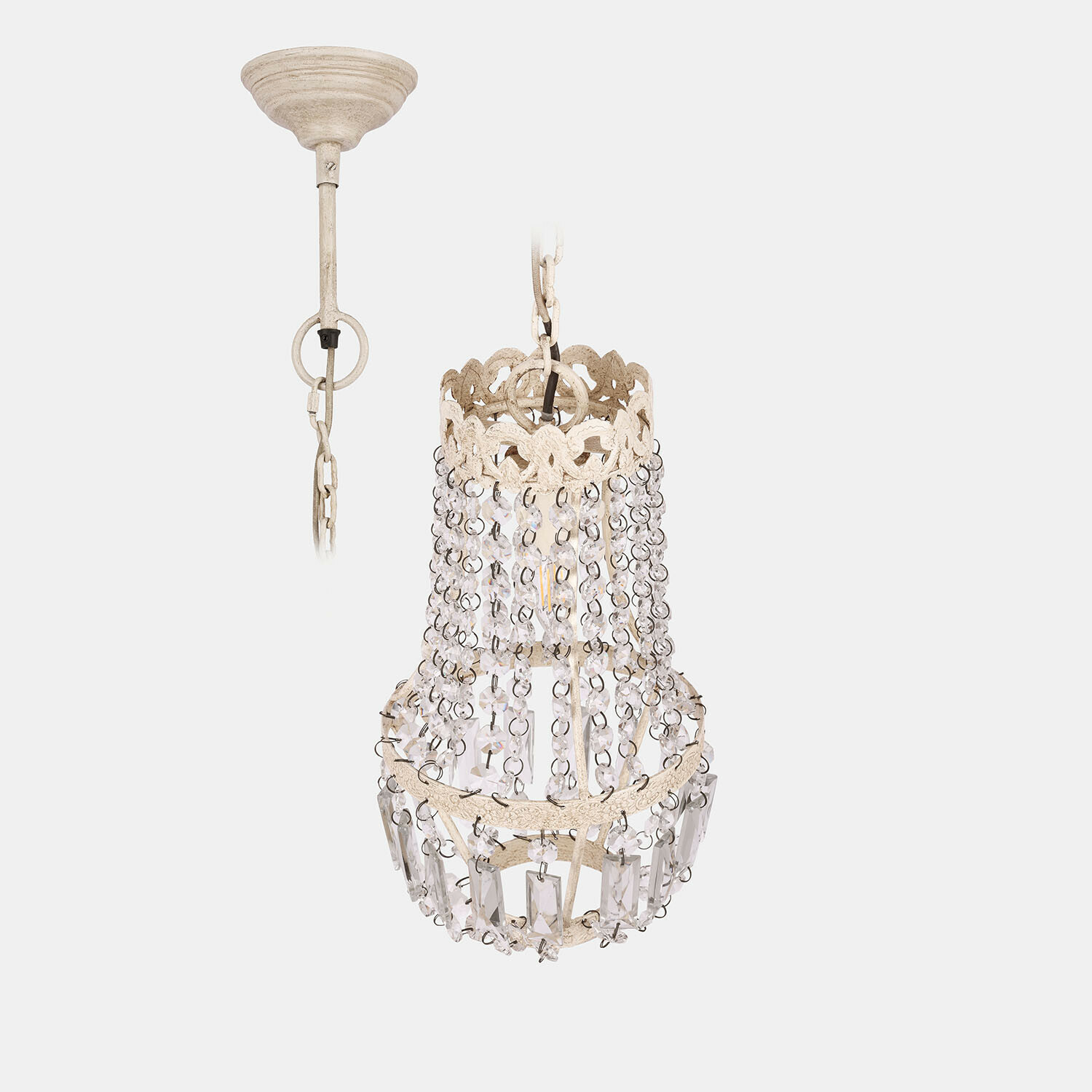 Suspension en métal crème avec cristaux décoratifs, style vintage, éclairage d'ambiance élégant