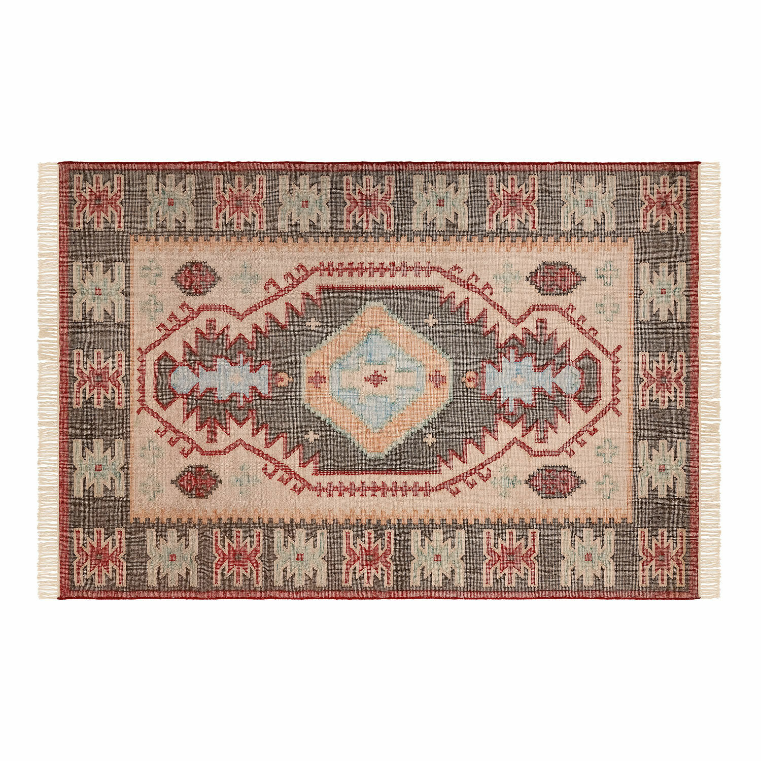 Tapis tissé avec motif géométrique beige, rouge et gris, style ethnique pour salon.