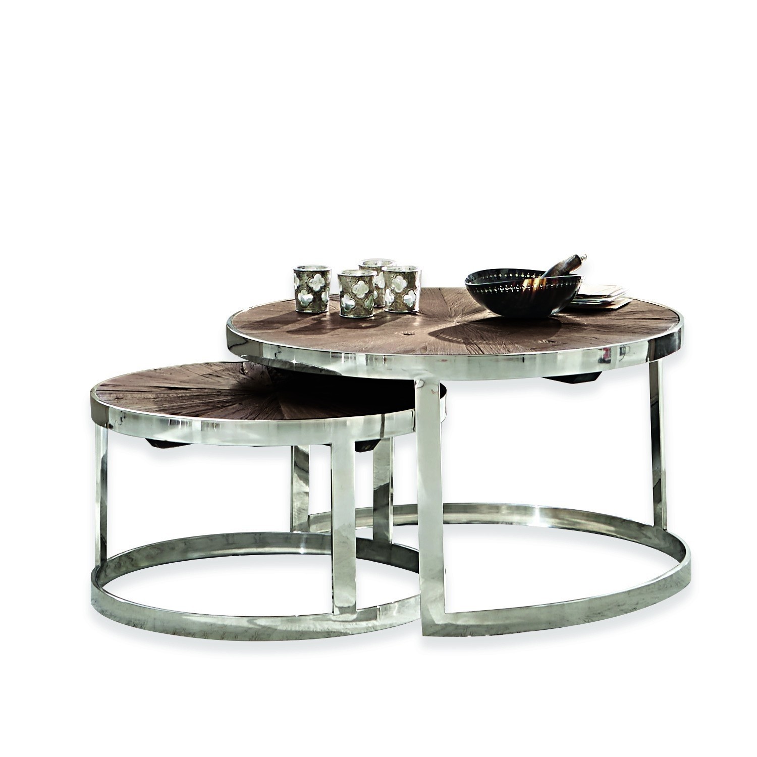 Salontafel set van 2 Houghton Set van twee ronde salontafels met donker houten blad en metalen frame, modern design
