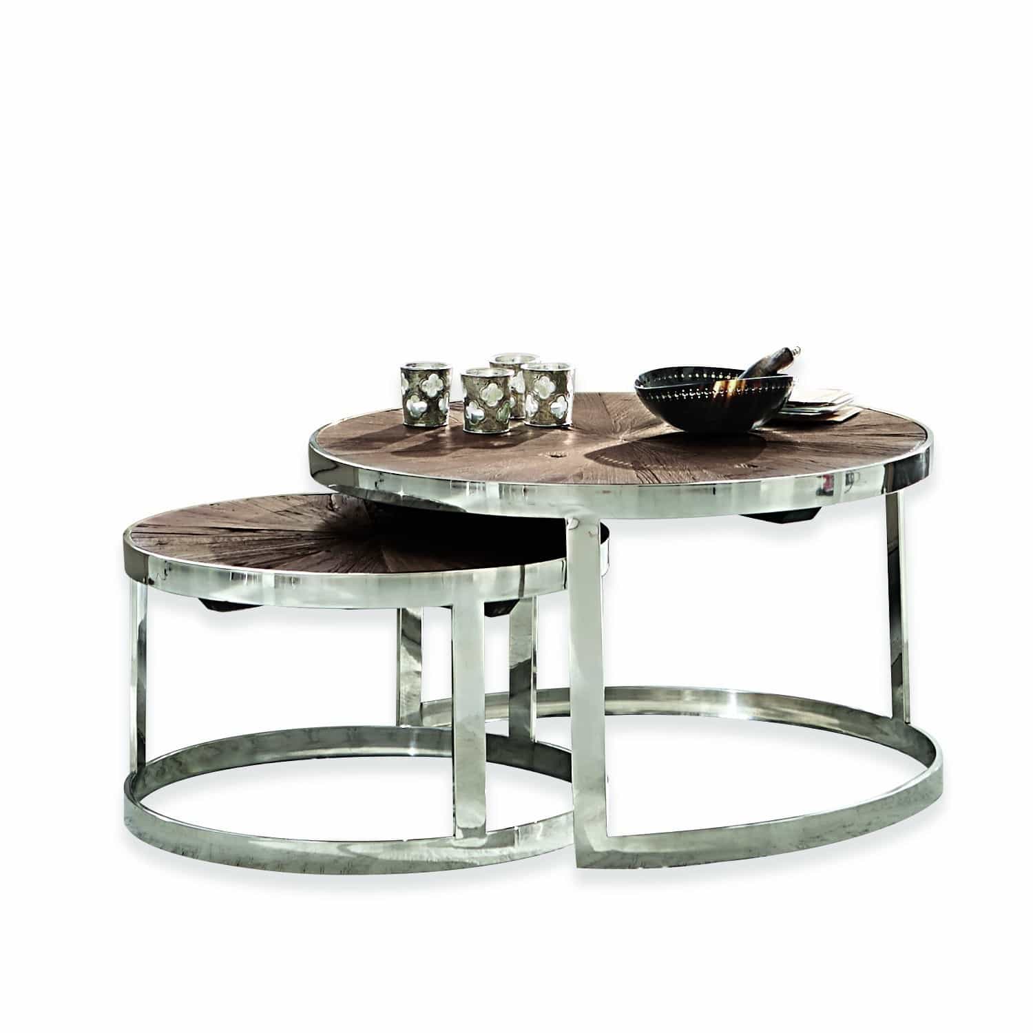 Salontafel set van 2 Houghton Set van twee ronde salontafels met donker houten blad en metalen frame, modern design