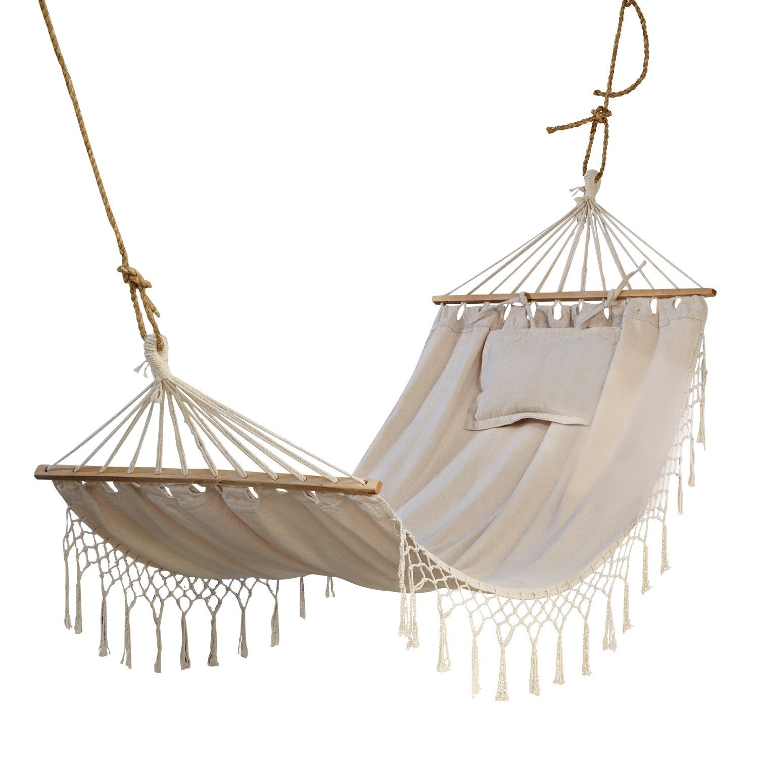 Hamac Moline Hamac beige en coton avec barres en bois et franges décoratives pour détente extérieure confortable