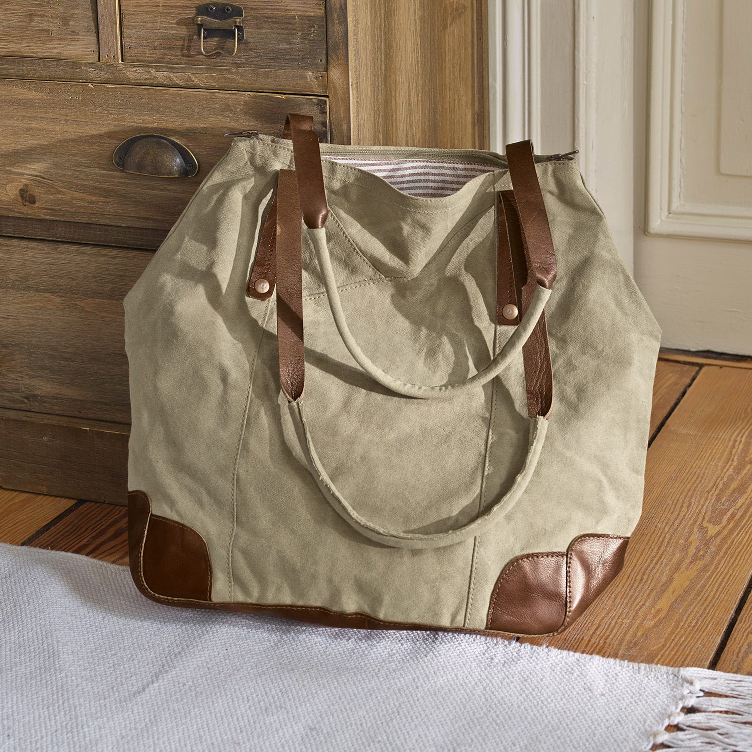 Cabas Padme Sac beige en tissu avec poignées et renforts en cuir marron, sac pratique pour courses ou usage quotidien