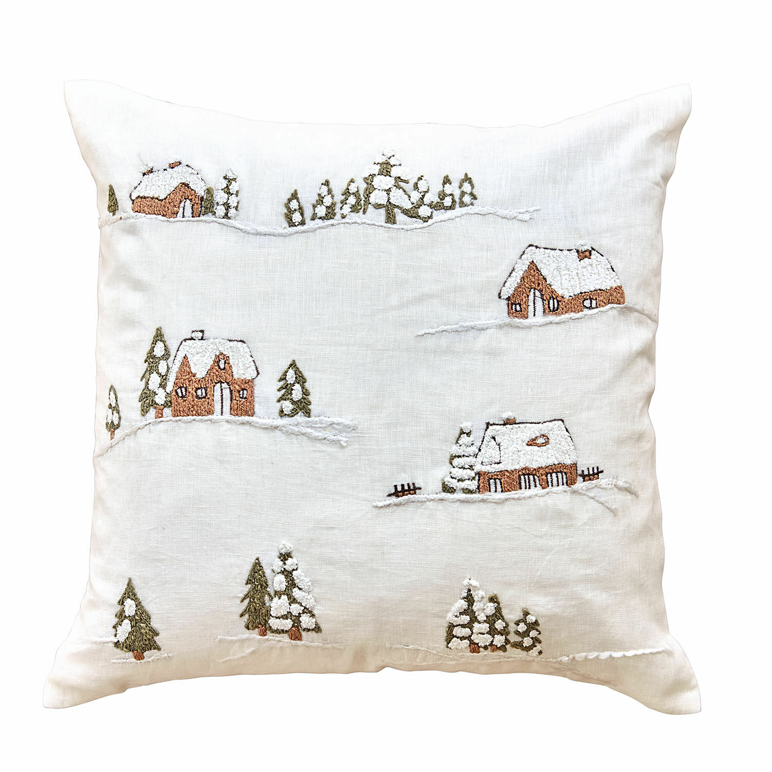 Housse de coussin Lyngstad Coussin en lin blanc avec broderie de chalets enneigés et sapins, décoration hivernale