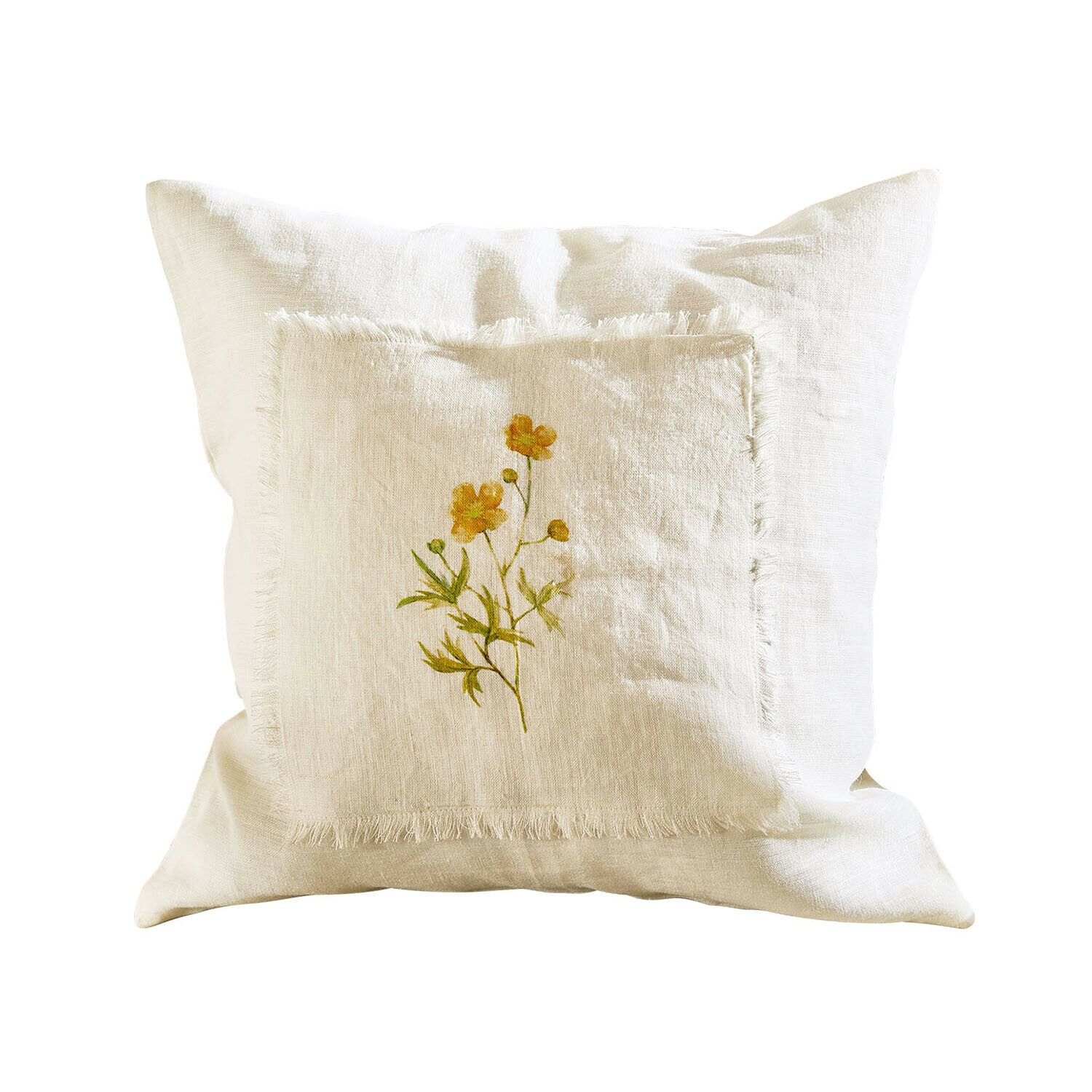 Housse de coussin Coudrisse Coussin en lin écru avec motif floral jaune et franges, décoration élégante pour salon