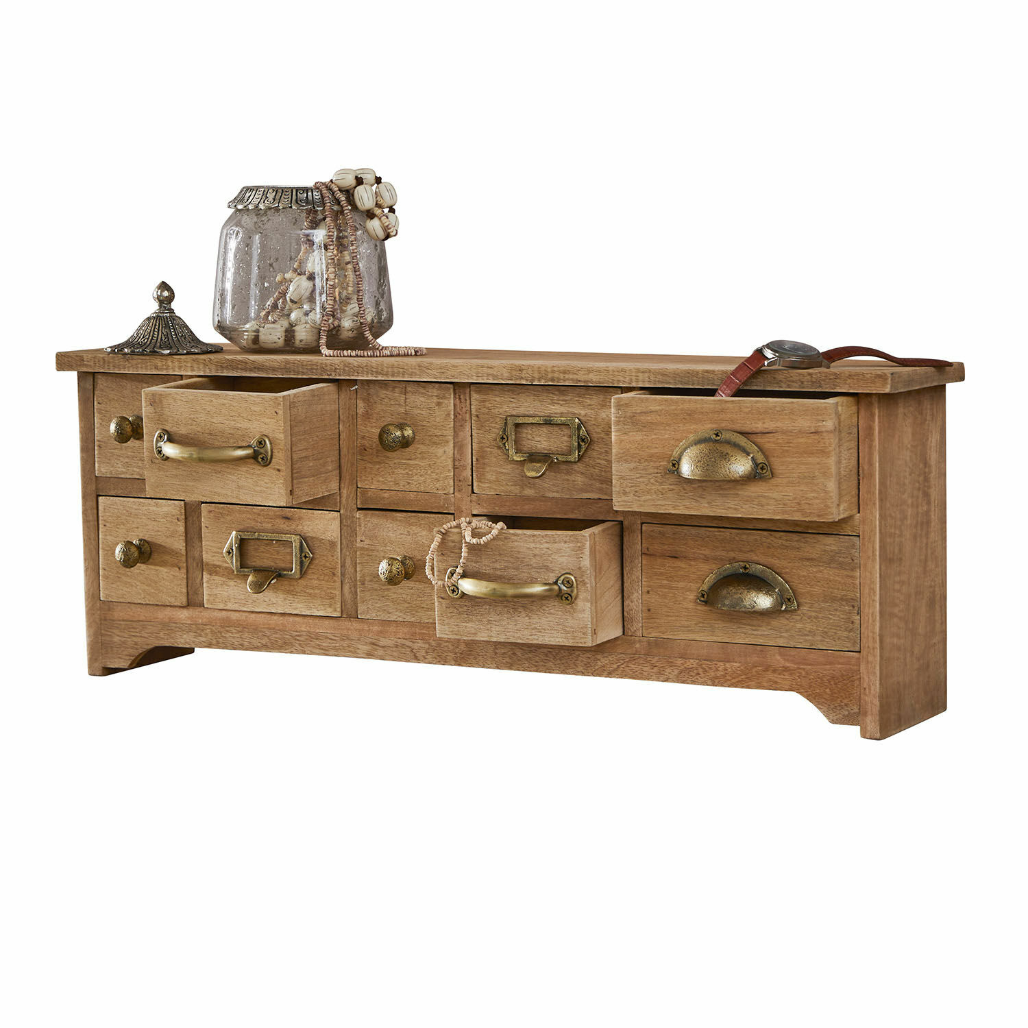 Organiseur Lhomme Meuble en bois avec plusieurs tiroirs et poignées en métal couleur laiton, style décoratif
