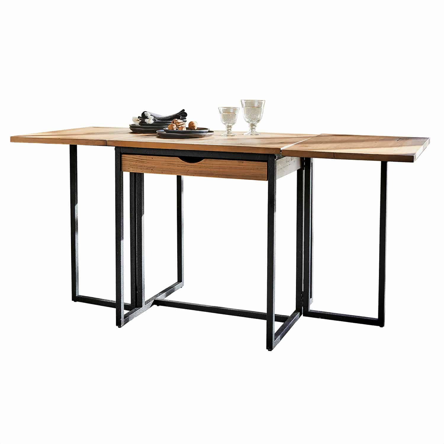 Table Vétrigne Table extensible en bois naturel et métal noir, meuble moderne pour salle à manger