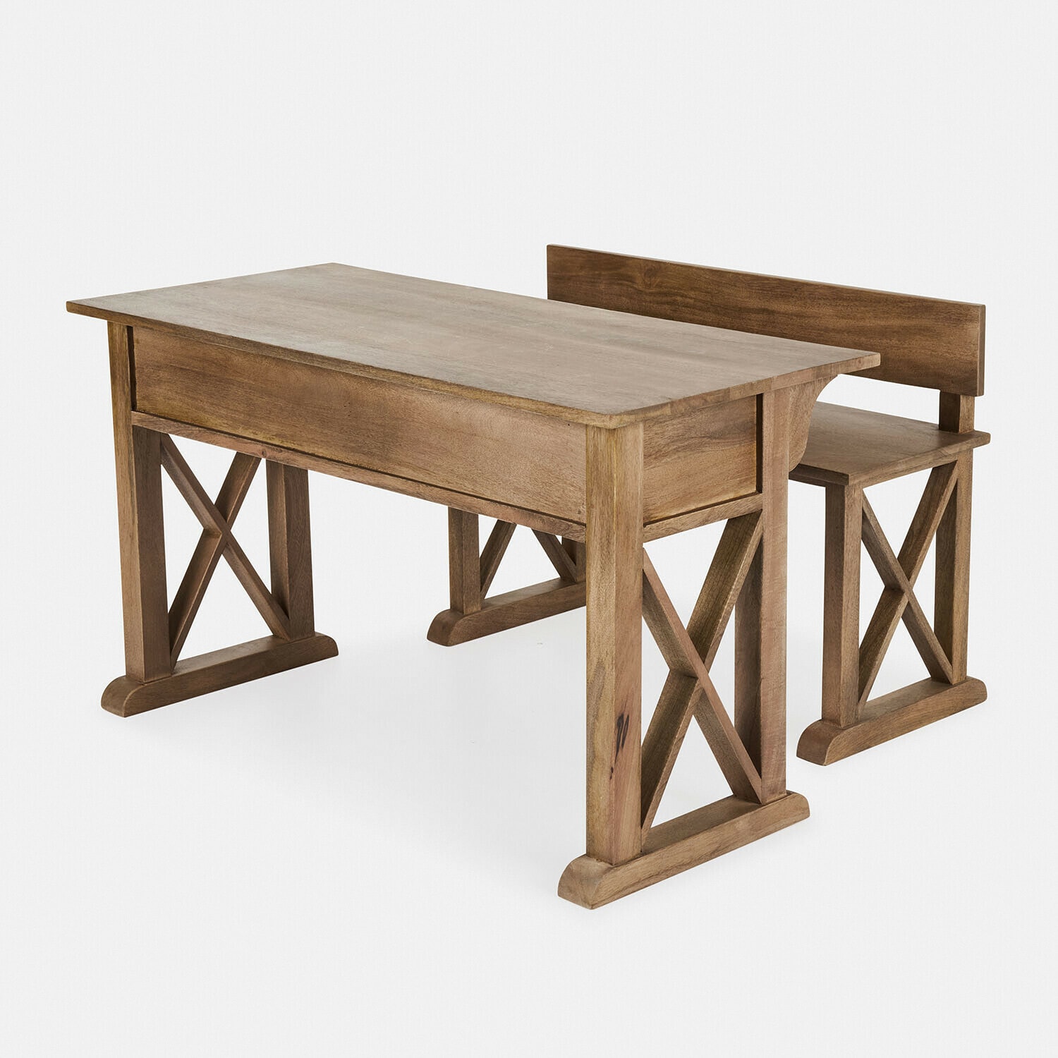 Table et banc en bois de manguier couleur naturelle avec pieds croisés en X décoratifs