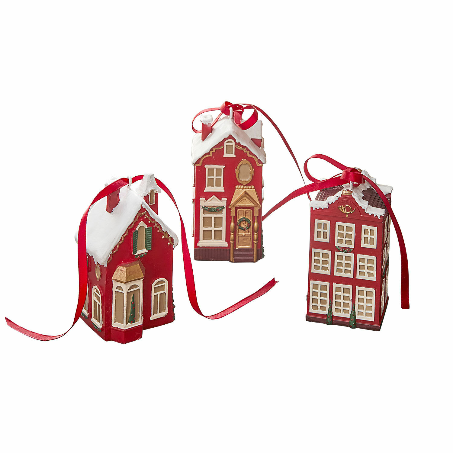 Hanger set van 3 Aravyn Set van drie rode huisornamenten met wit dak en rood lint voor aan de kerstboom