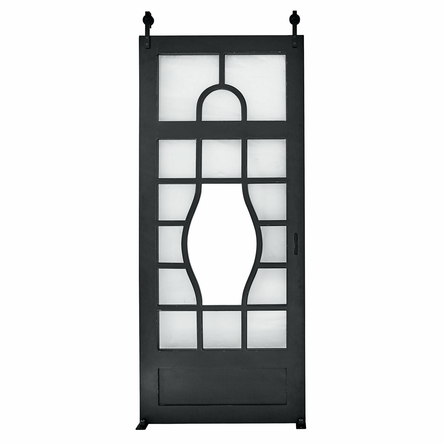 Schuifdeur Wilmorton Zwarte metalen schuifdeur met geometrisch patroon en matglas voor binnengebruik