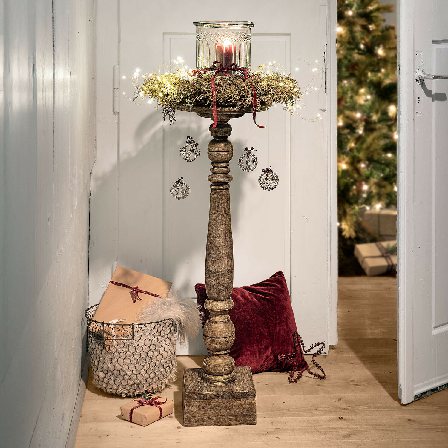 Chandelier Lisounette Bougeoir en bois avec décoration de Noël et guirlande lumineuse LED, ambiance festive intérieure