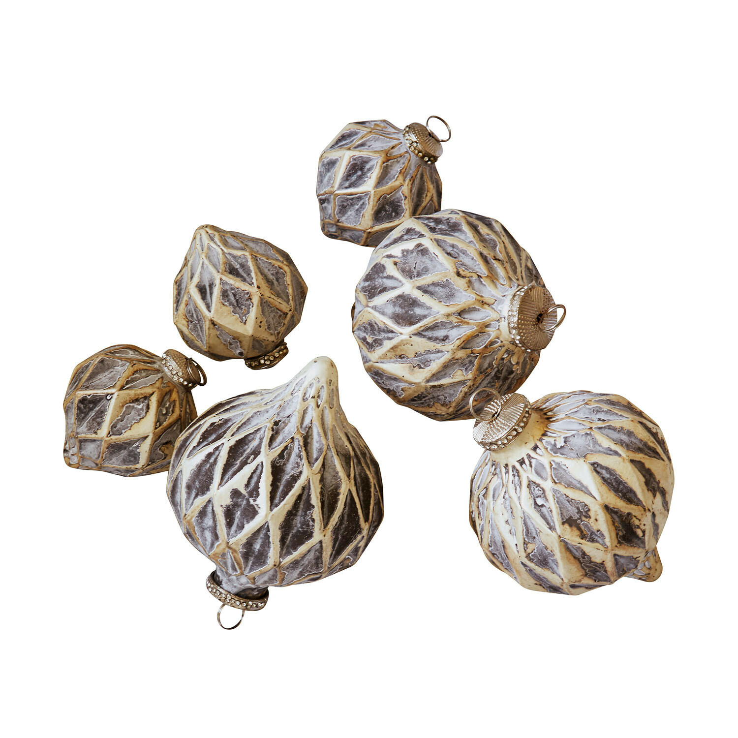 Lot de 6 boules de Noël Lunagh Ensemble de six boules de Noël décoratives en crème et gris avec motif géométrique pour décoration festive