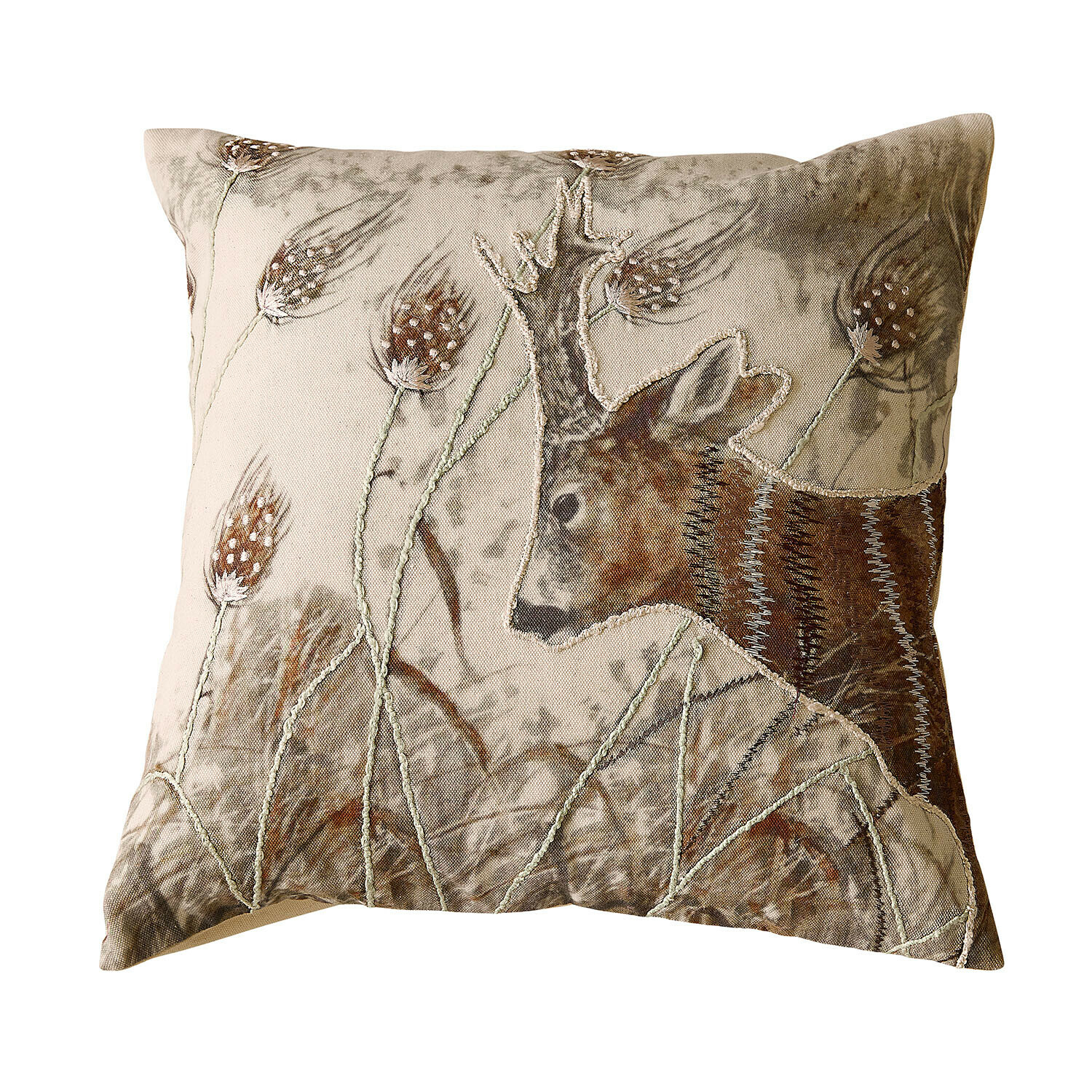 Housse de coussin Trenaya Coussin beige en coton avec motif cerf et herbes, décoration naturelle pour salon cosy