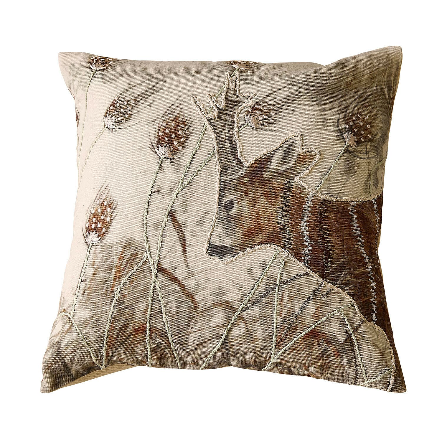 Housse de coussin Trenaya Coussin beige en coton avec motif cerf et herbes, décoration naturelle pour salon cosy
