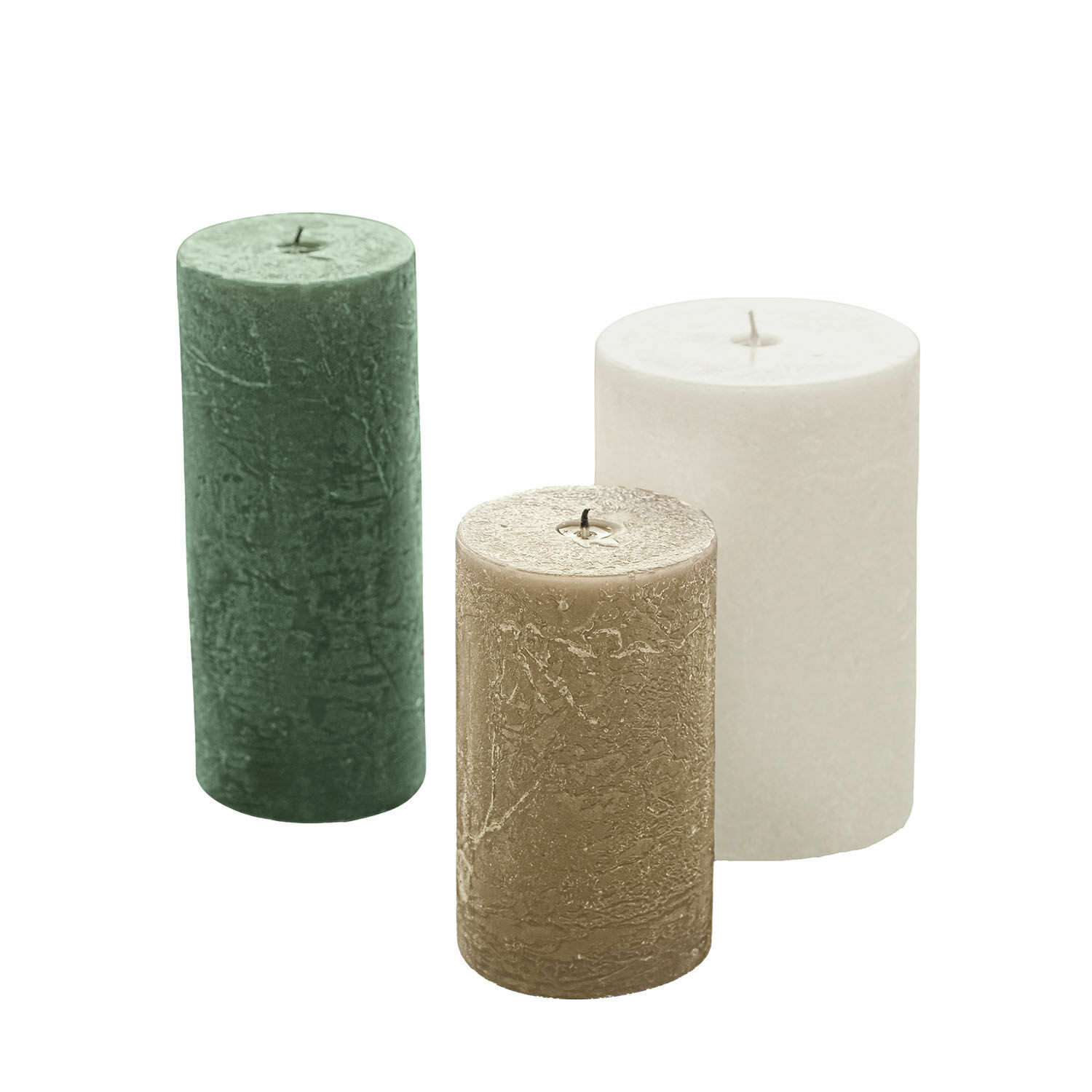 crème/groen/taupe Set van 3 Pretin kaarsen in crème, groen en taupe met rustieke textuur
