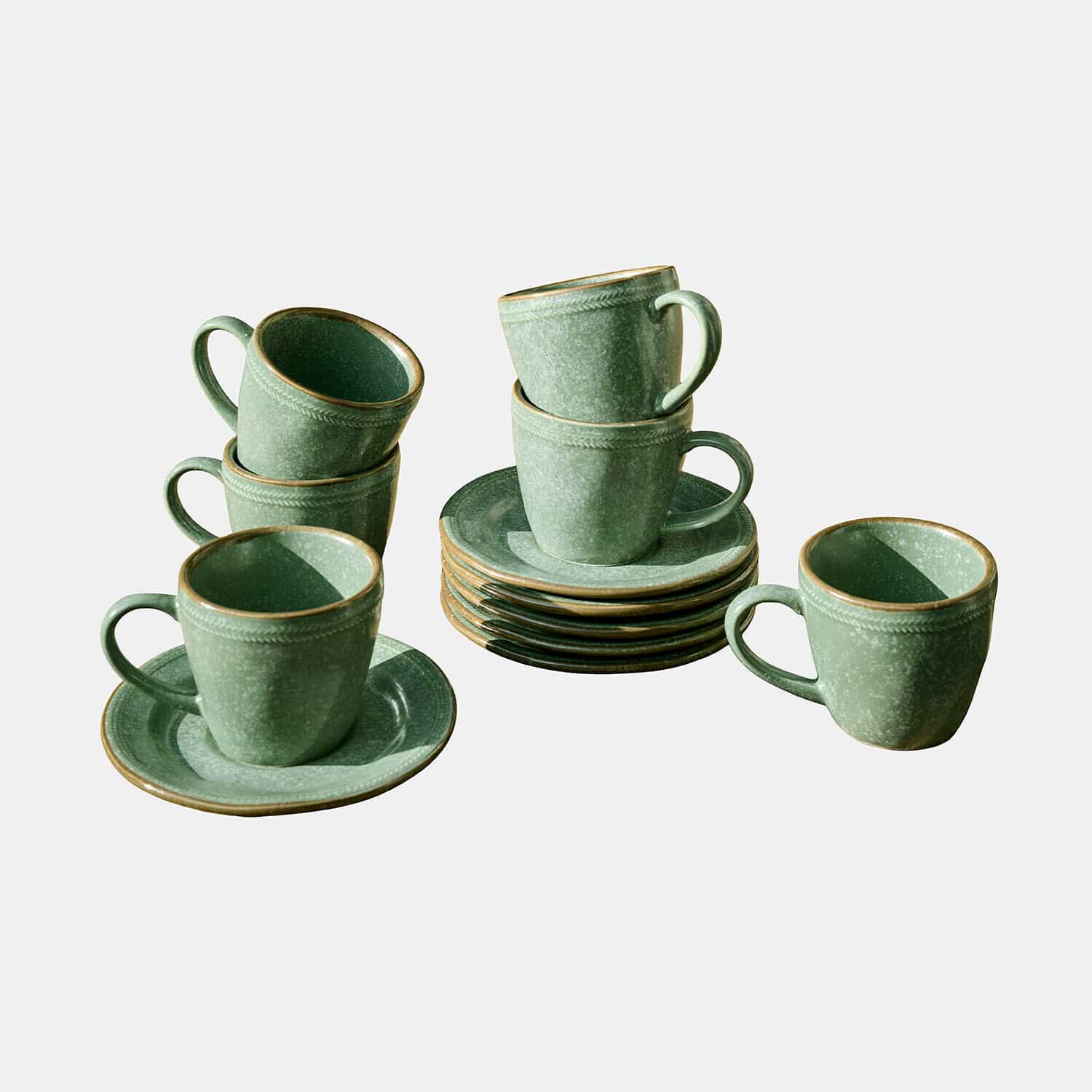 Lot de 6 tasses et soucoupes Norrvik Ensemble de tasses et soucoupes en céramique verte avec bordure marron pour café
