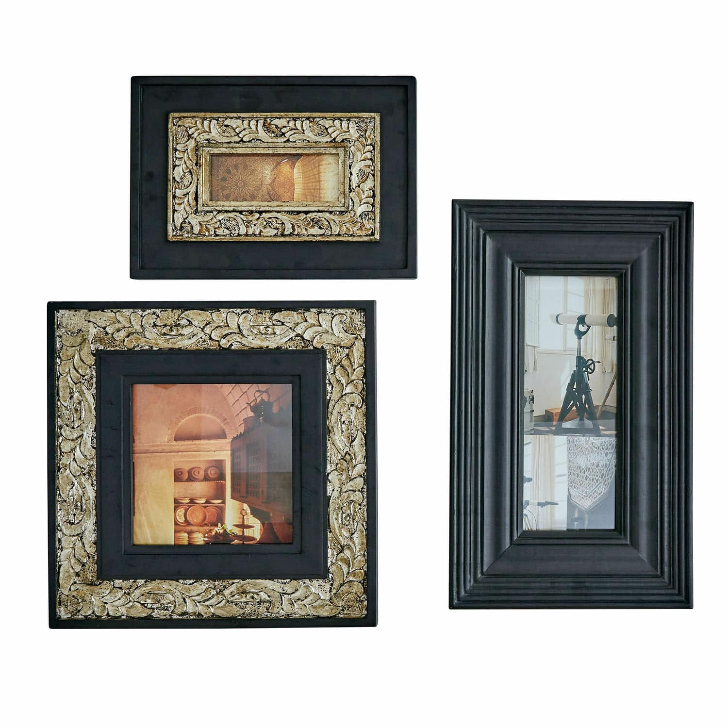 Lot de 3 cadres-photos Garonnelle Ensemble de trois cadres en bois noir avec motifs décoratifs et photos pour décoration murale