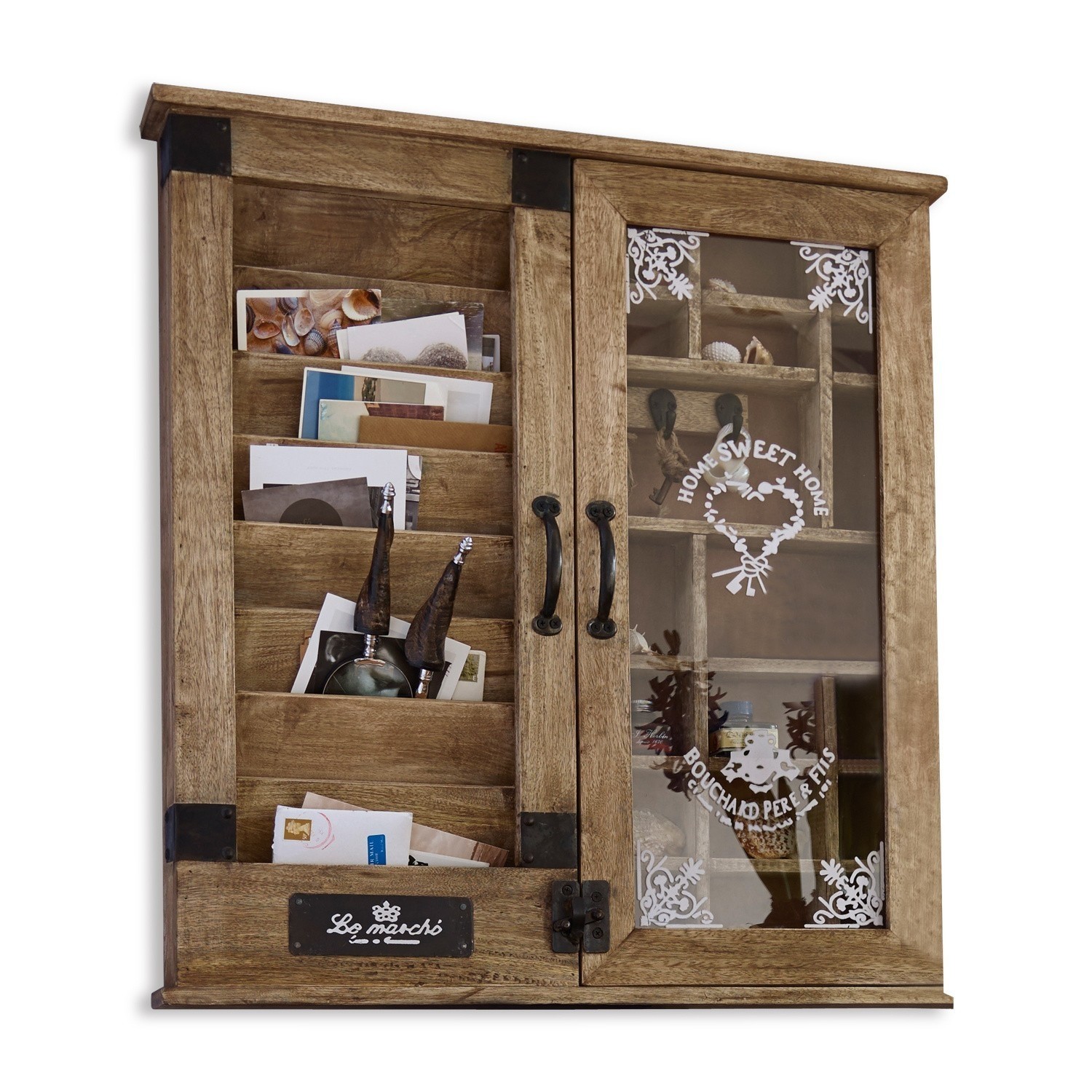 Organiseur Shelby Armoire murale en bois avec compartiments et porte vitrée décorée Home Sweet Home