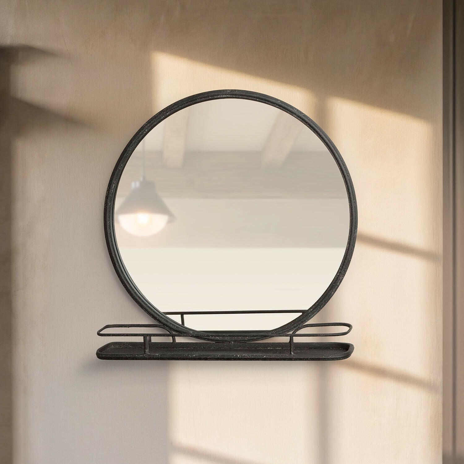Miroir Zentros Miroir rond en métal noir avec étagère murale, élément décoratif moderne pour intérieur
