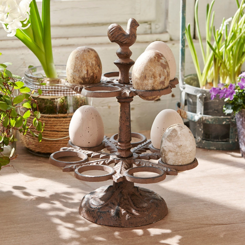Metalen eierhouder met decoratieve haan, rustiek bruin, paas tafelversiering
