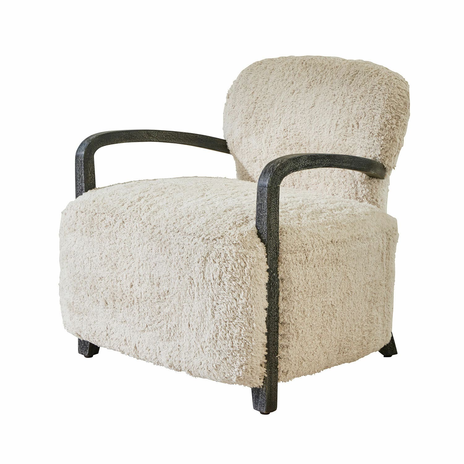 Fauteuil avec revêtement crème doux et accoudoirs en bois noir pour salon confortable