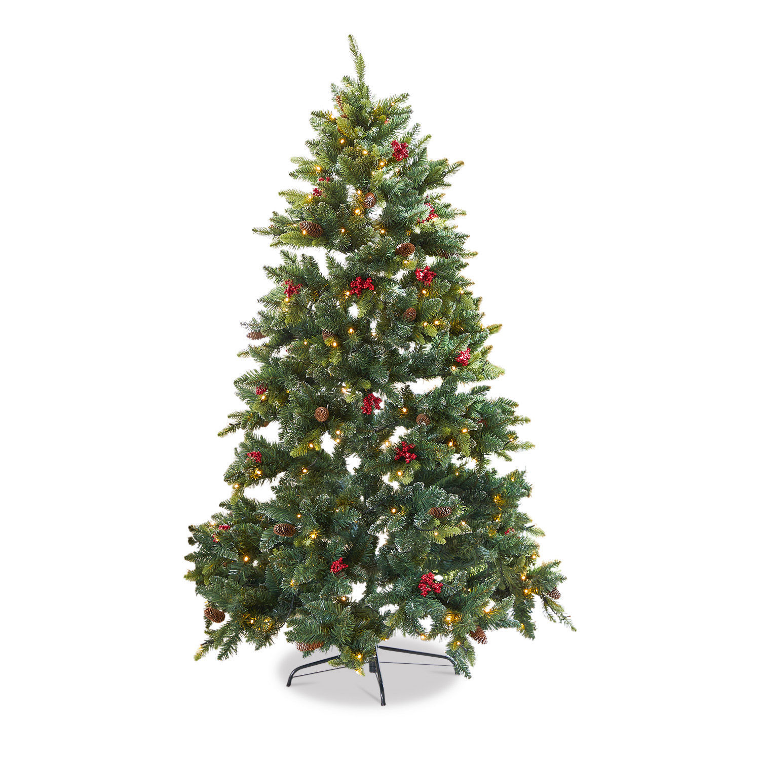 Sapin artificiel vert avec baies rouges, pommes de pin et guirlande lumineuse LED chaude pour décoration de Noël