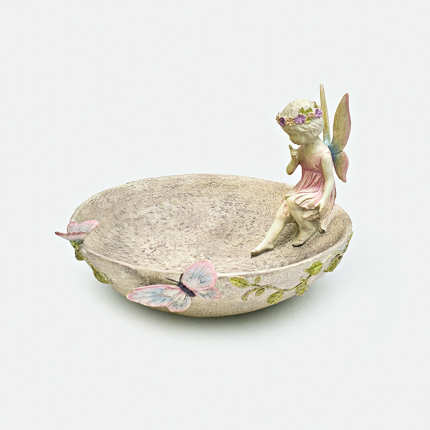 Vogelbadje Finnedra Decoratieve schaal van hars met zittend feeënfiguurtje en pastelkleurige vlinders voor interieur