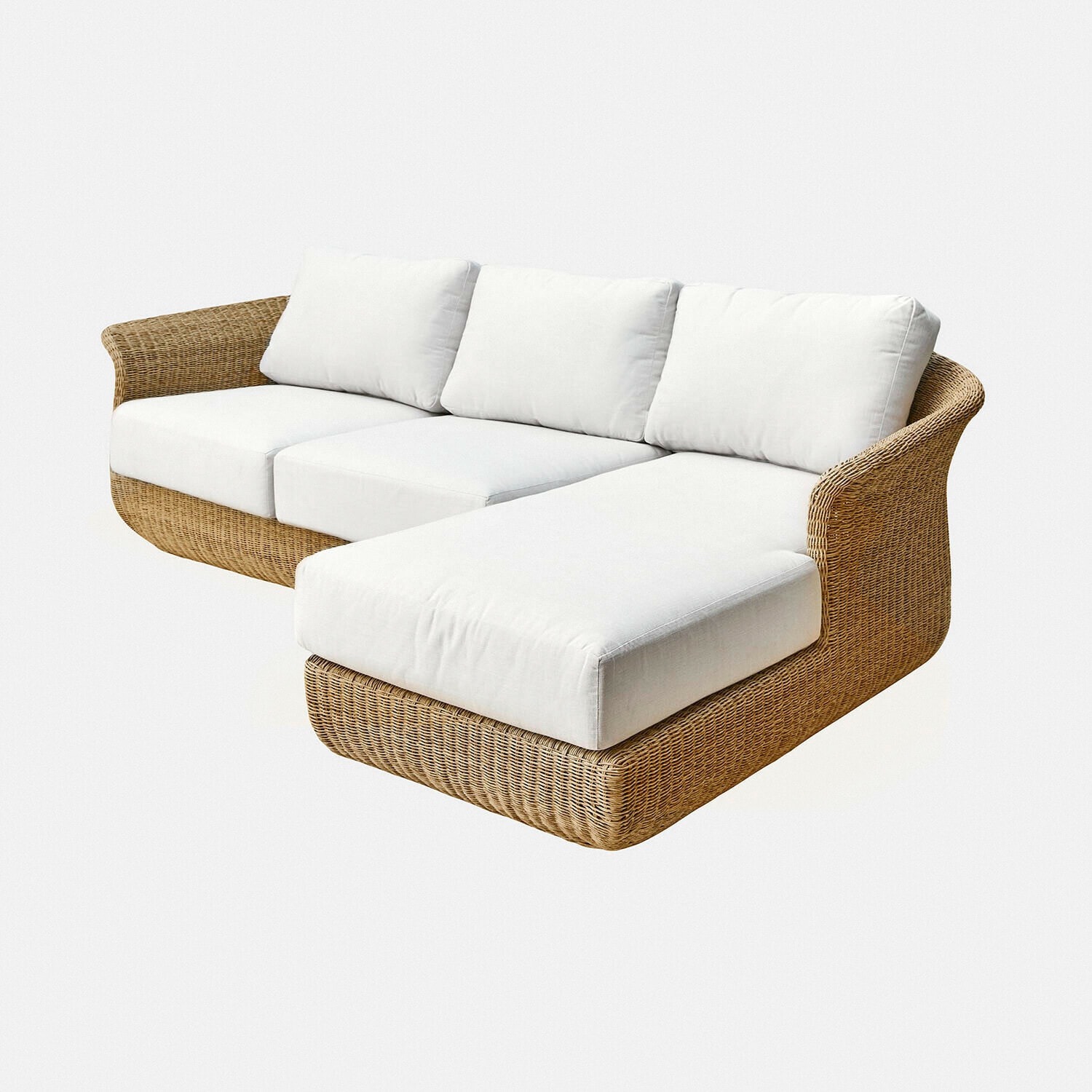 Bank Cassianas Hoekbank van riet met witte kussens, comfortabele zitmeubel voor woonkamer of tuin
