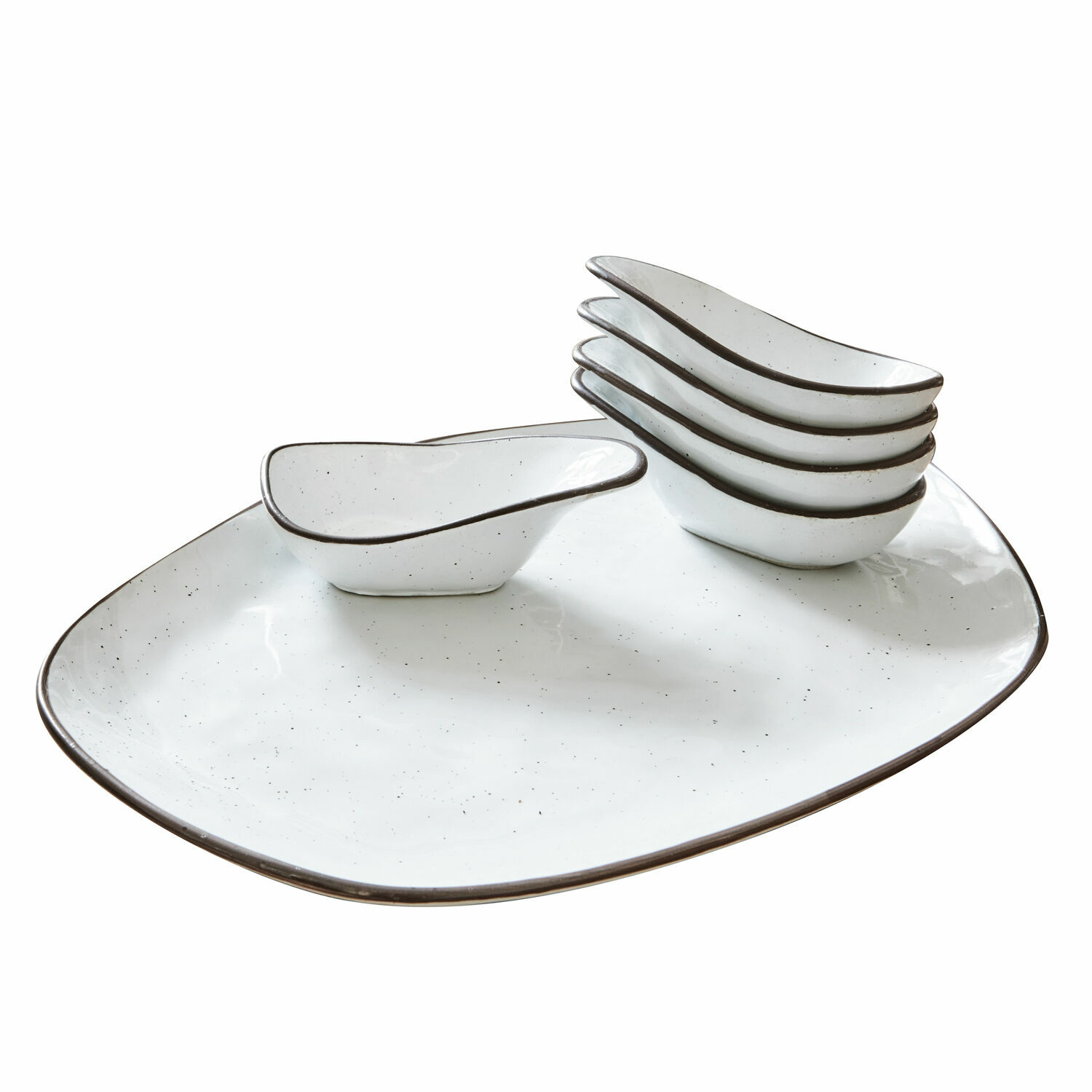 Ensemble de 6 coupelles blanches en céramique Biarritz avec grand plateau pour apéritifs