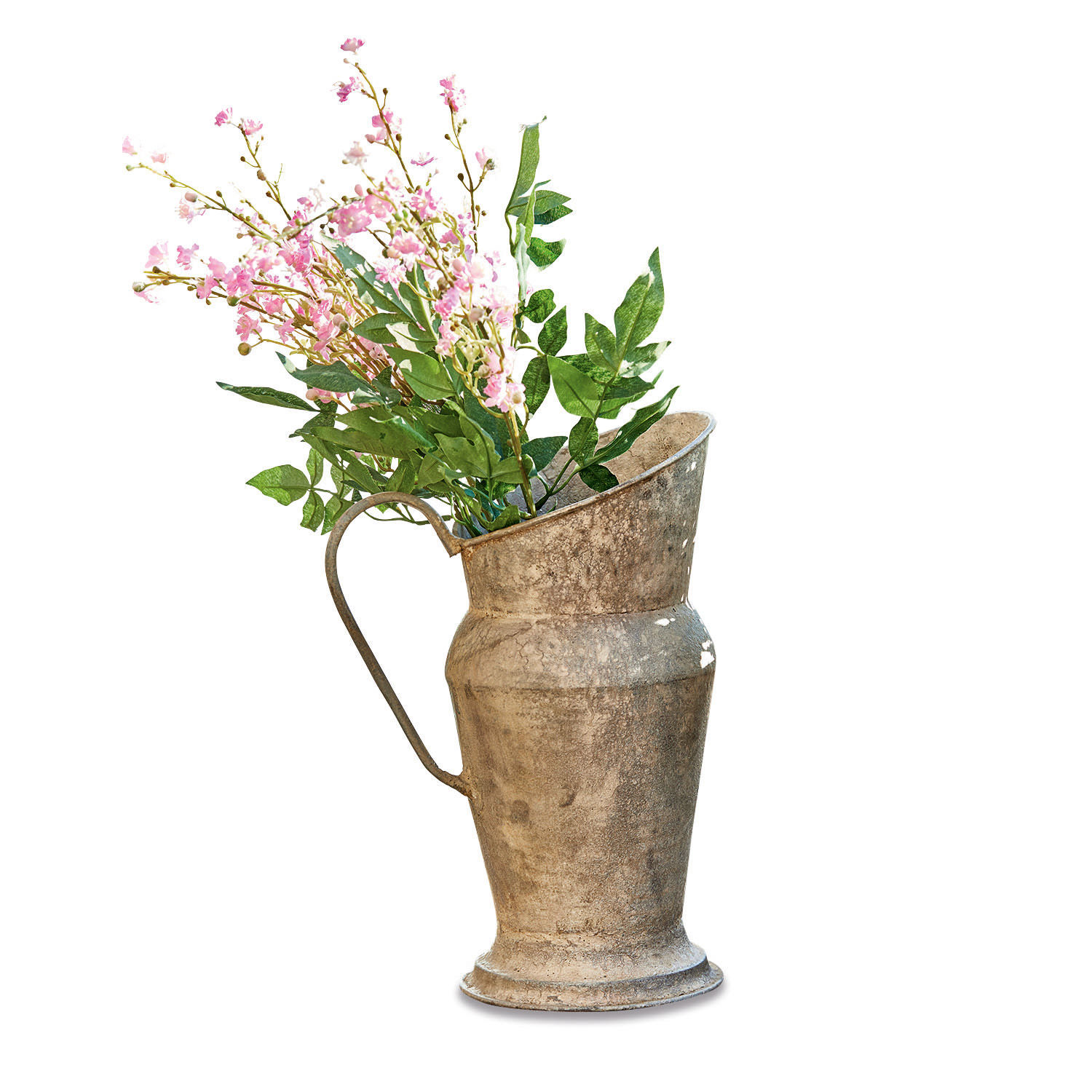 Kruik Asante Vintage metalen kan met groene bladeren en roze bloemen voor interieurdecoratie