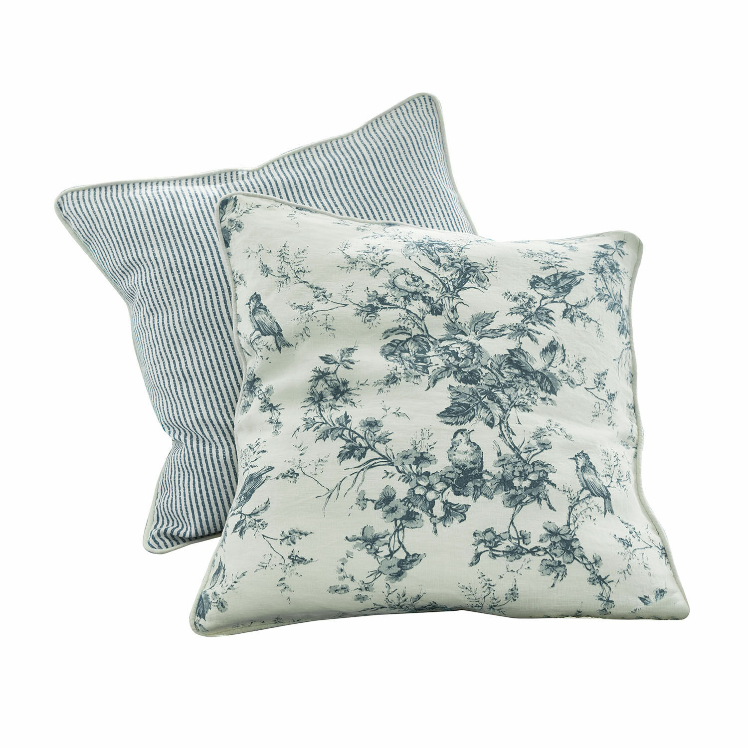 Lot de 2 coussins Emilie Ensemble de deux coussins décoratifs en coton avec motifs bleus d'oiseaux et rayures