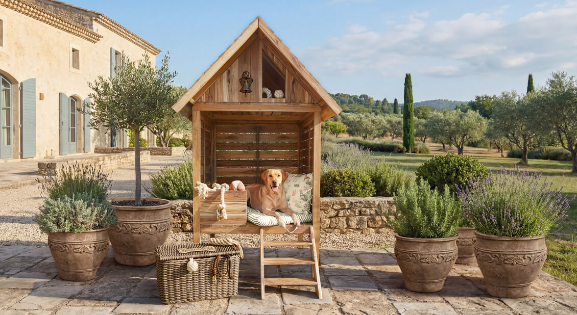 Maison en bois pour chien avec coussin sur terrasse entourée de pots d'herbes et lavande dans un jardin