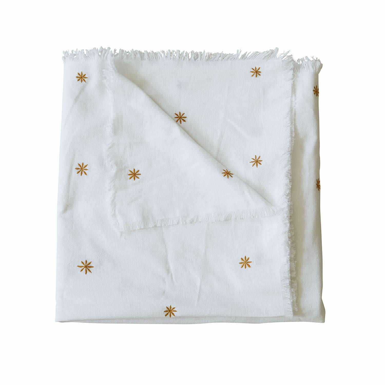 Nappe Fjalara Plaid blanc en coton avec franges et étoiles brodées dorées, textile doux et décoratif