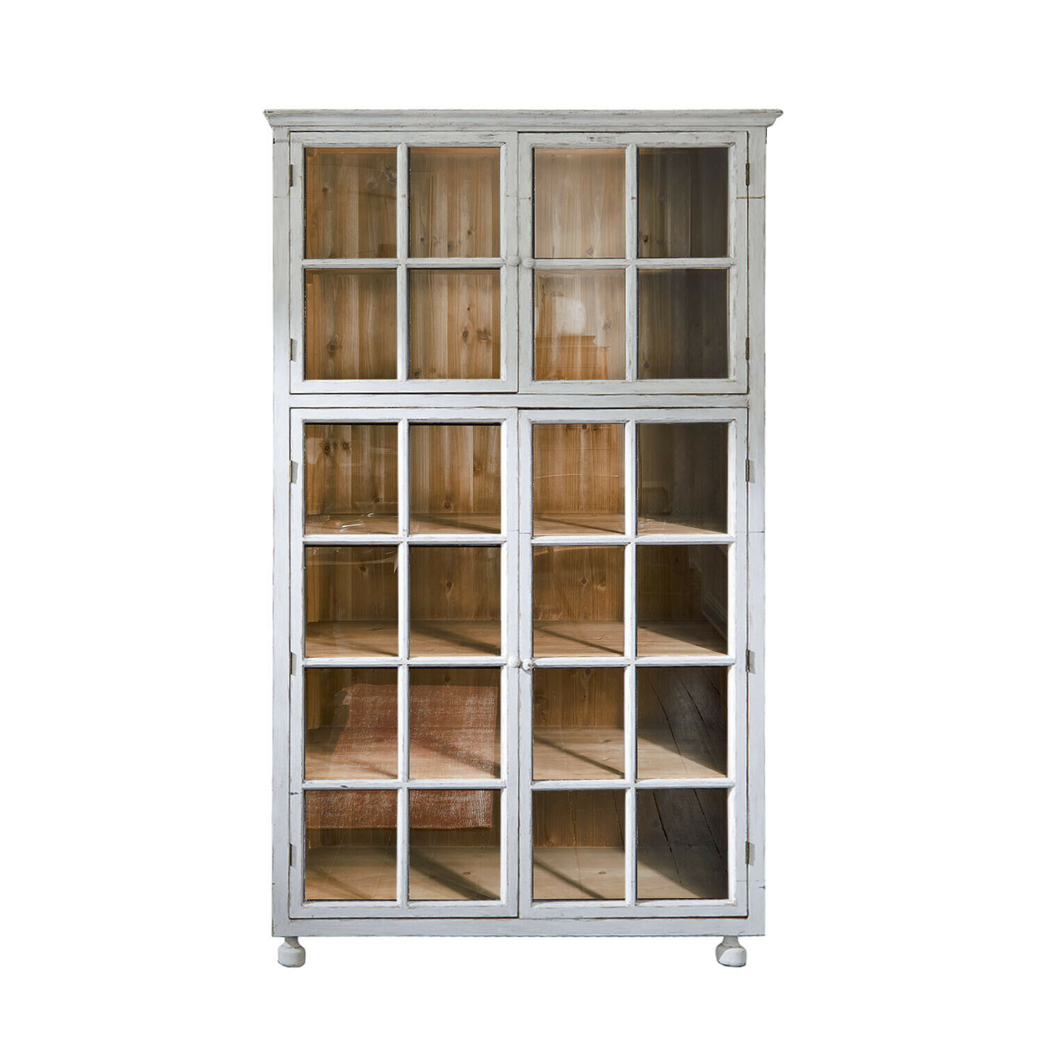 Armoire Bellac en bois blanc antique avec portes vitrées et intérieur naturel pour rangement