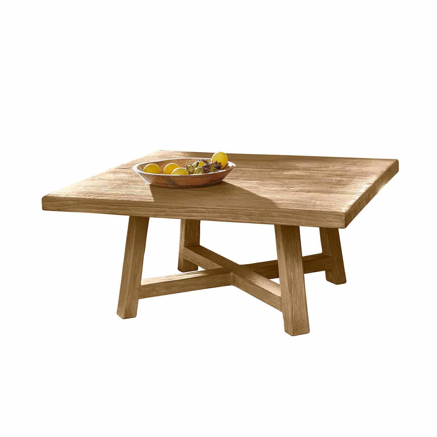 Salontafel Eldonbury Vierkante salontafel van natuurlijk hout met decoratieve fruitschaal erop