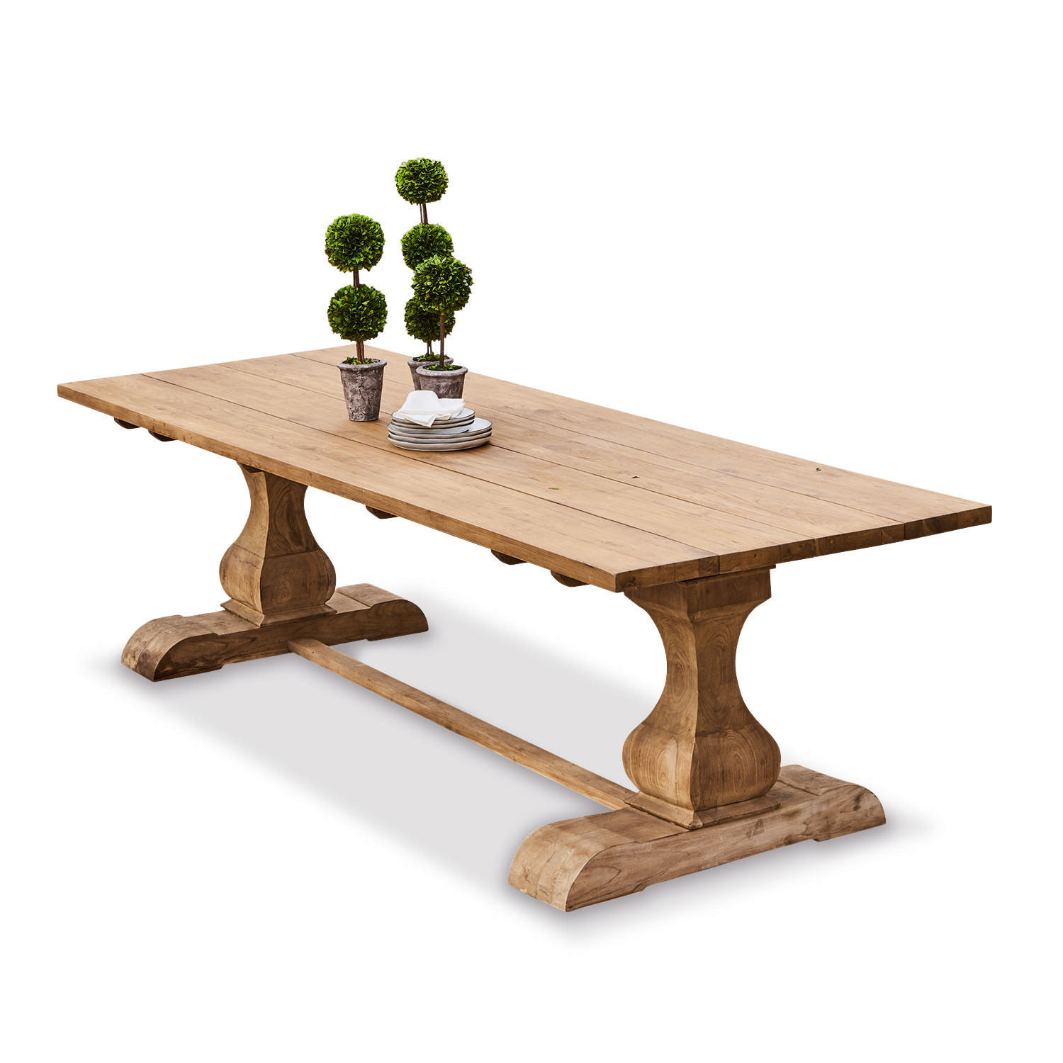 Tafel Devonshire Grote eettafel van natuurlijk hout met decoratieve planten op het blad, eetkamermeubilair