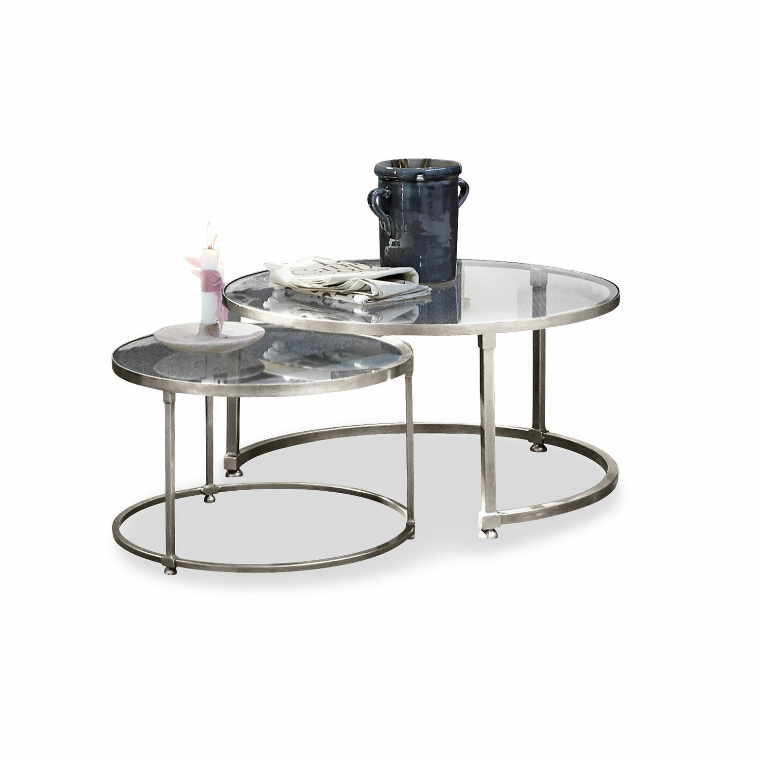 Salontafel set van 2 Kabala Set van twee ronde salontafels met glazen blad en zilverkleurig metalen frame voor woonkamer