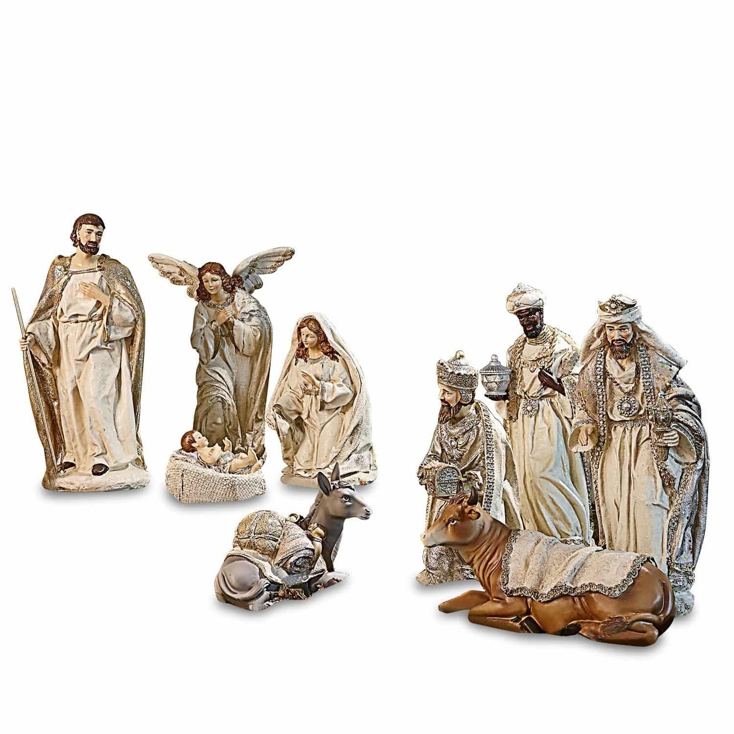 Lot de 9 figurines Liré Ensemble de figurines de crèche de Noël avec personnages et animaux en tons crème