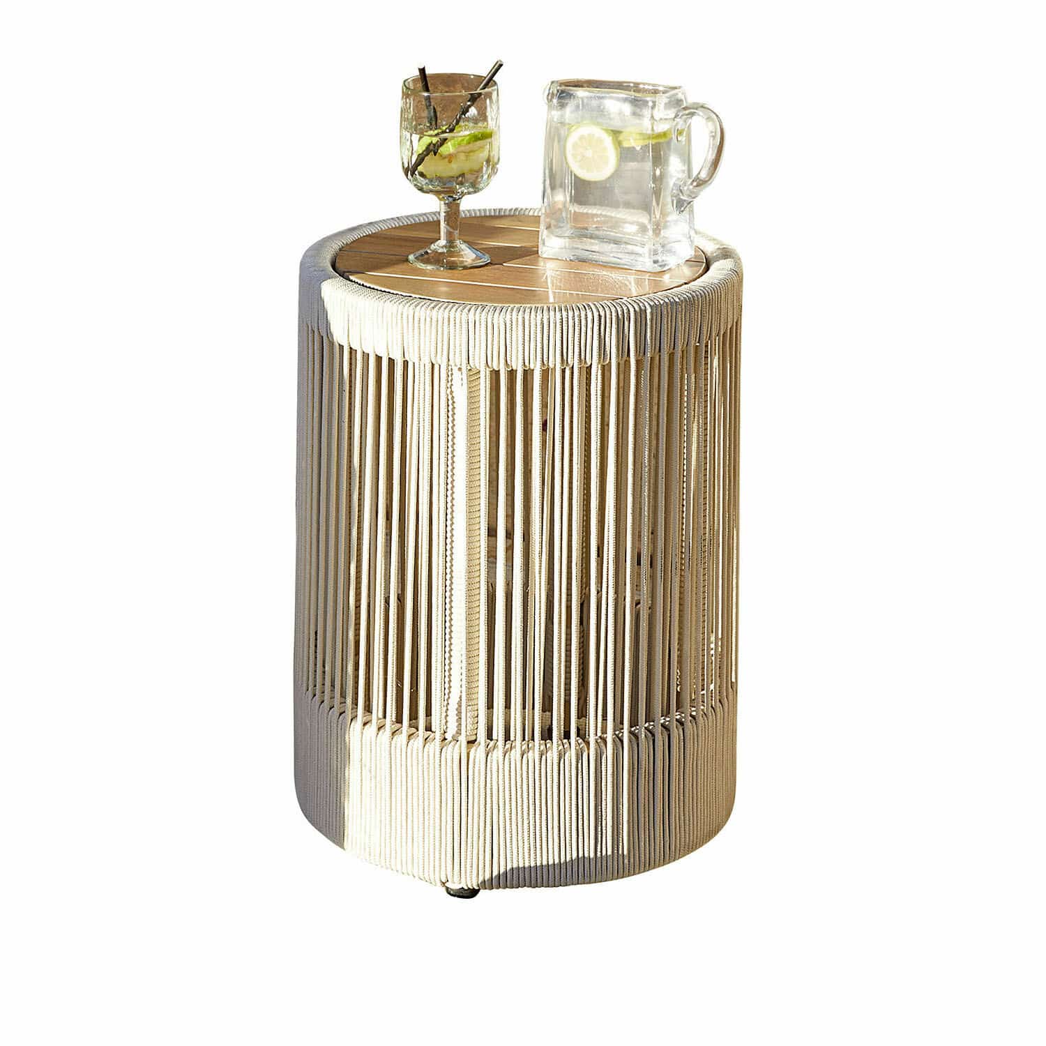 Bijzettafel Delor Ronde bijzettafel van hout en beige touw, perfect voor woonkamer en tuin