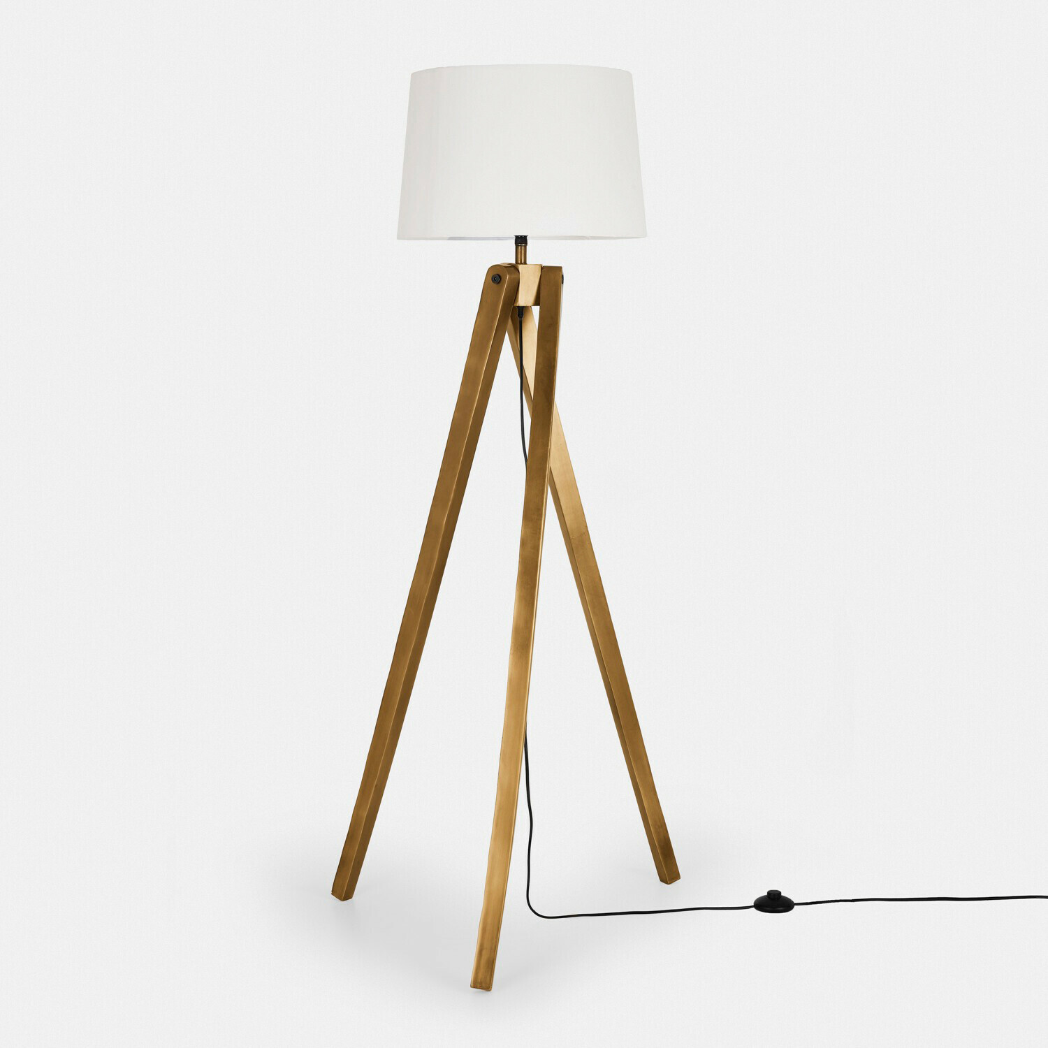 Vloerlamp Kelvio Vloerlamp met witte kap en honingkleurige houten driepoot voor sfeerverlichting in huis
