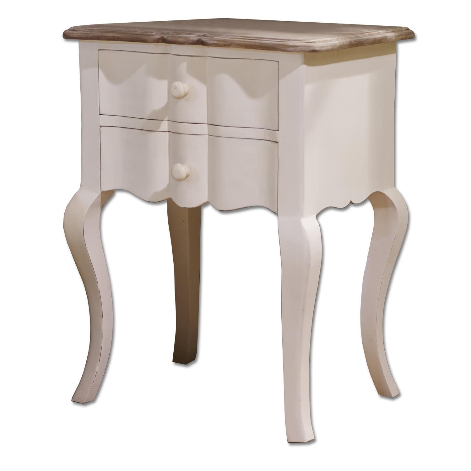 Bijzettafeltje Fairchild Witte houten nachtkastje met twee lades en natuurlijk houten blad, vintage meubel