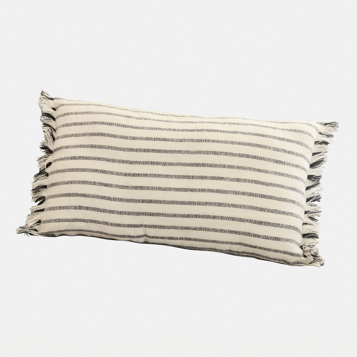 Housse de coussin Ulderina Coussin rectangulaire en coton beige à rayures noires avec franges, décoration intérieure confortable