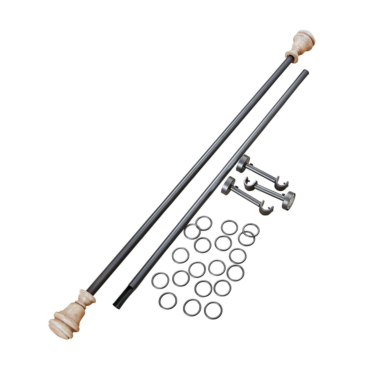 Tringle à rideaux Tiviano Ensemble de tringles métalliques avec embouts en bois clair et anneaux métalliques pour rideaux