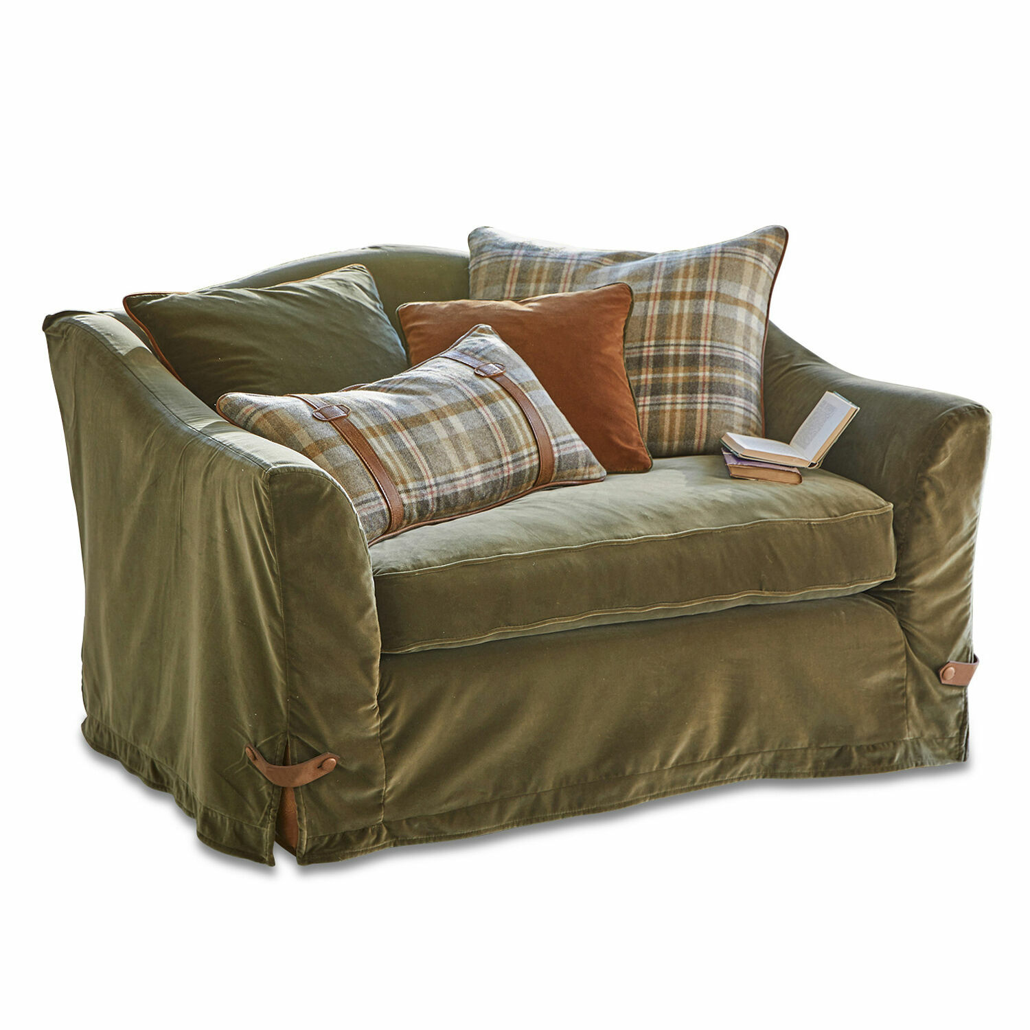 Fauteuil Halton Groene fluwelen bank met geruite en bruine kussens, comfortabel voor woonkamer