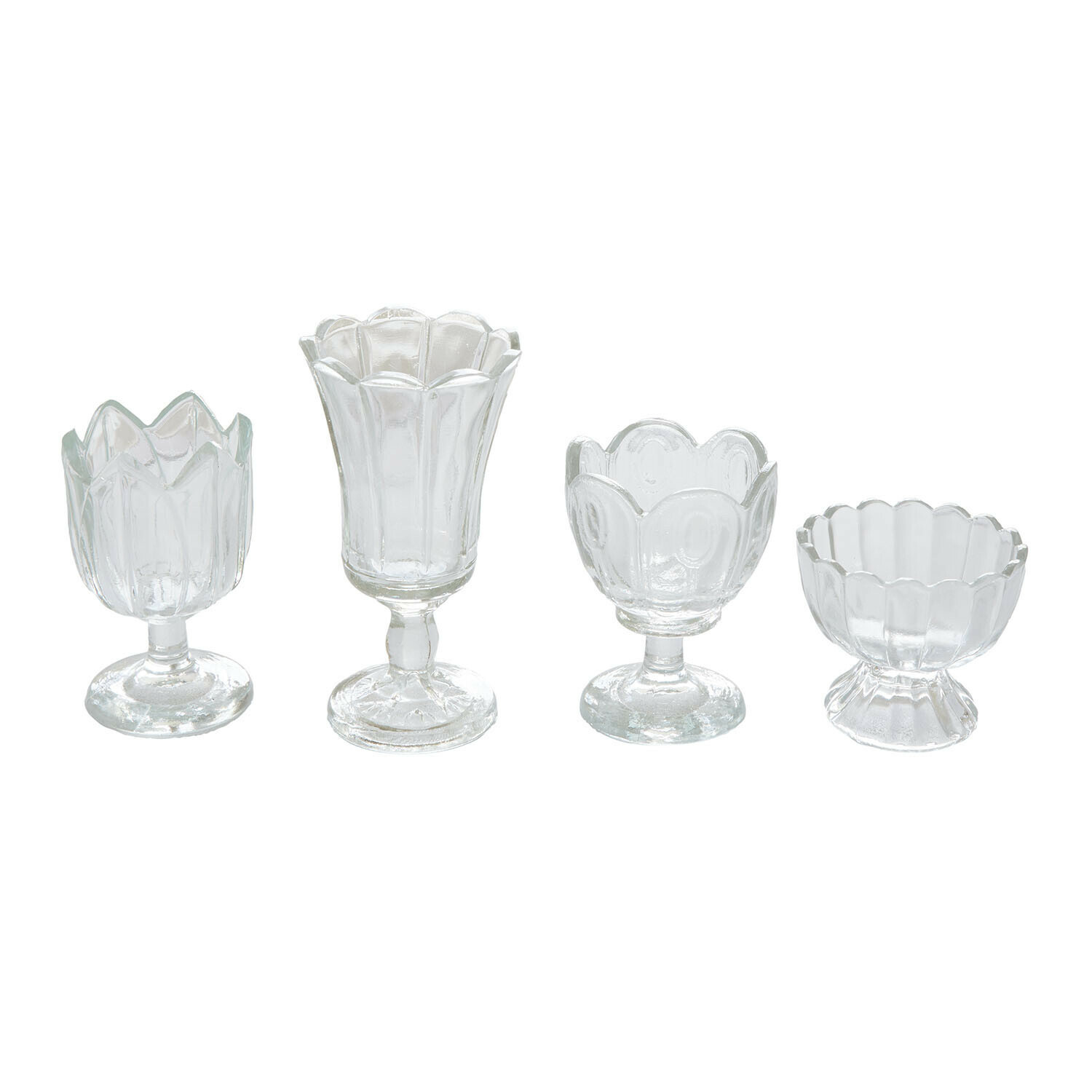 Windlichtje set van 4 Amisette Set van vier transparante glazen kandelaars in verschillende vormen en decoratieve patronen