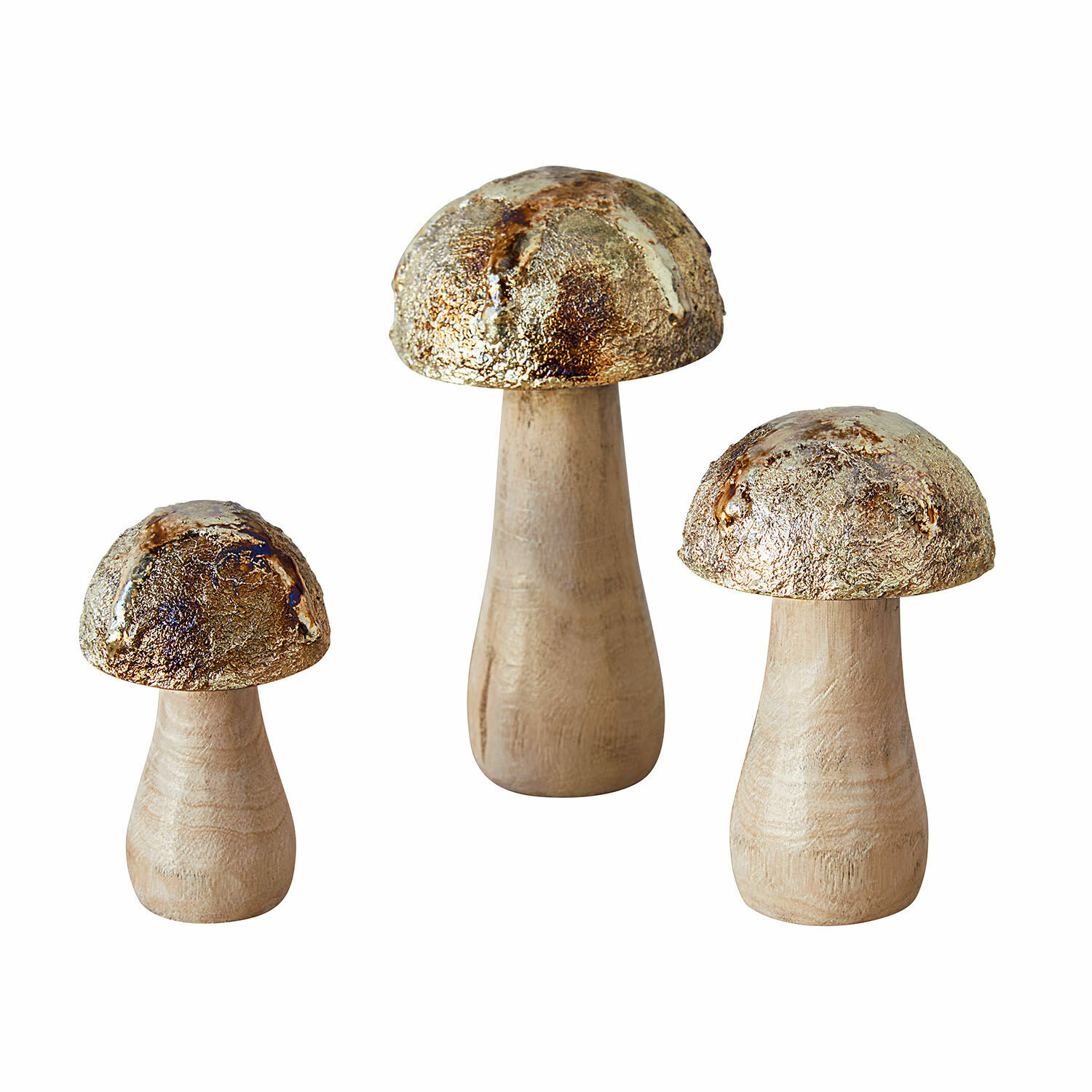 Lot de 3 champignons décoratifs Myrska Ensemble de trois champignons décoratifs en bois avec chapeaux dorés métalliques pour la décoration intérieure