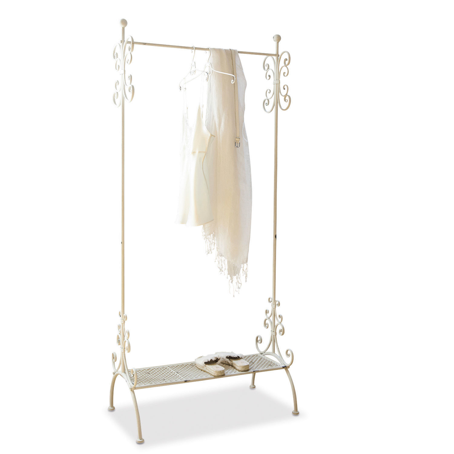Portant Épinay Porte-vêtements en métal crème avec détails décoratifs et étagère à chaussures pour l'entrée