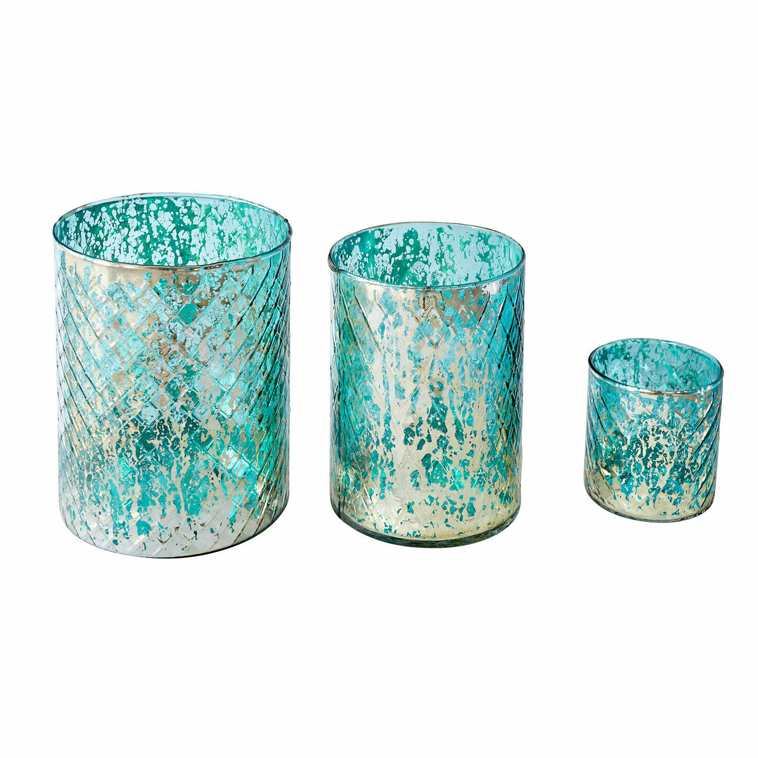 Windlichtje set van 3 Firalen Set van drie glazen theelichthouders in turquoise en goud met decoratief patroon