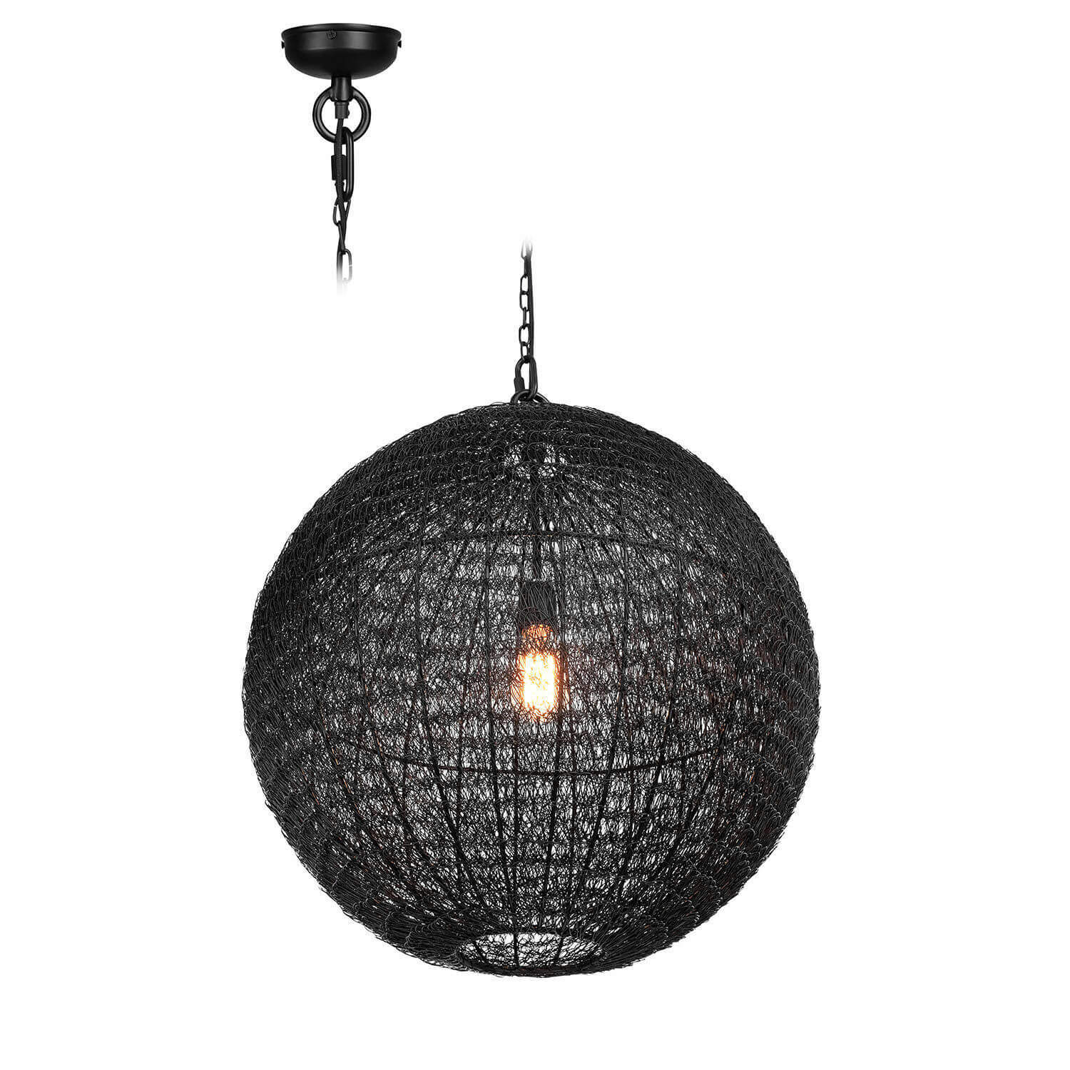 Hanglamp Castalune Zwarte metalen hanglamp in bolvorm met gaas kap en zichtbare LED-lamp voor binnen
